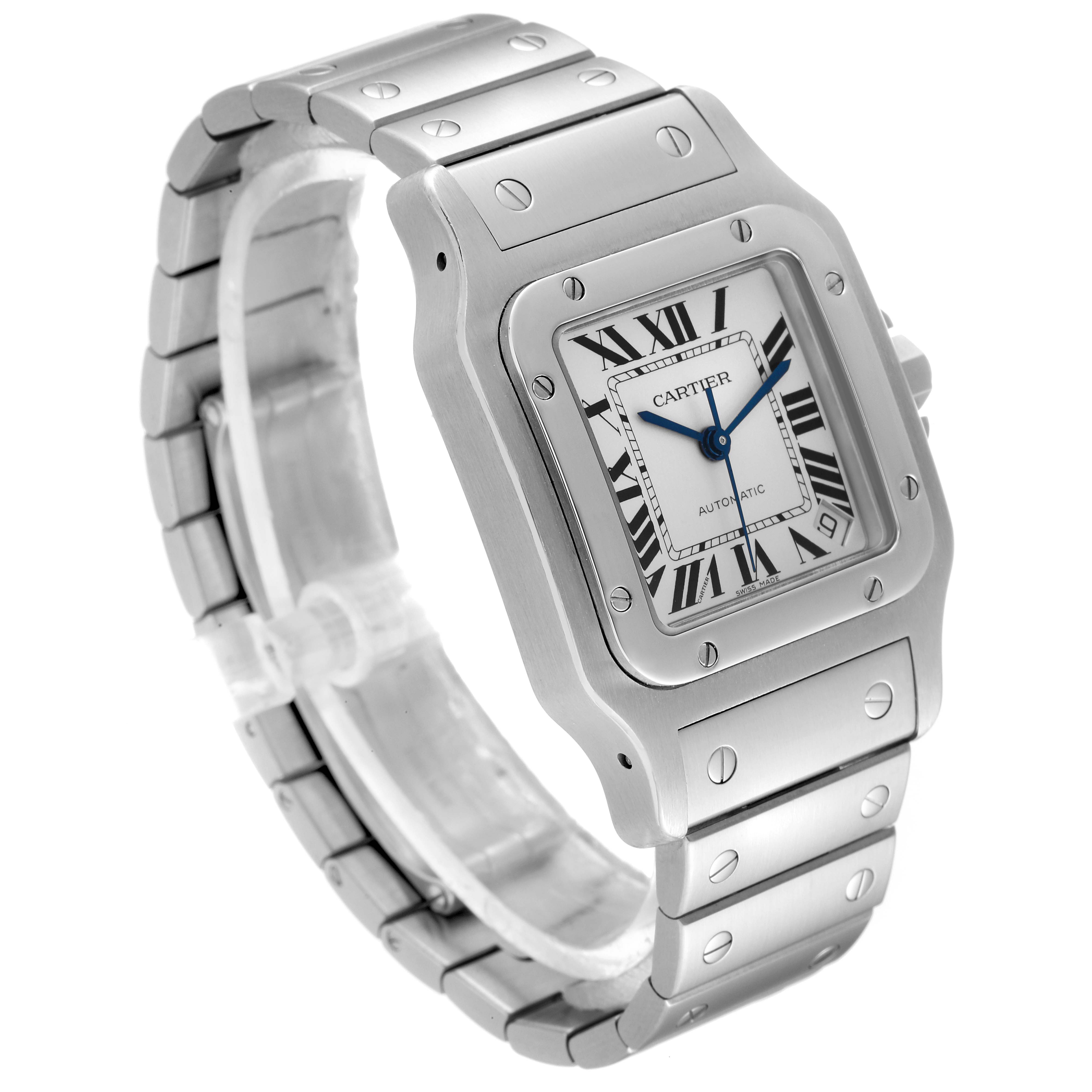 The Santos model by Cartier is shown at an oblique angle, highlighting the face, bezel, and bracelet.