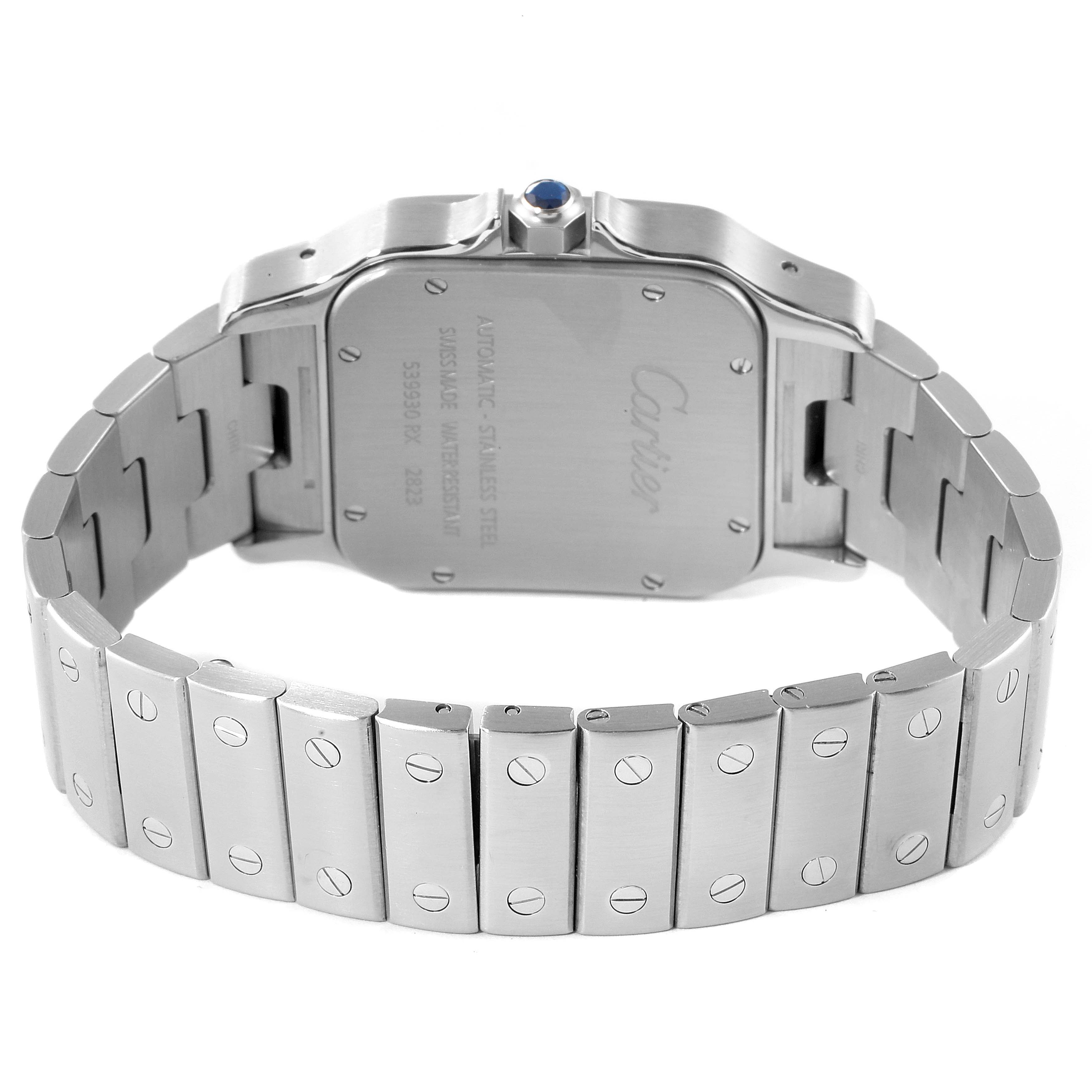 The image shows the back case and bracelet of a Santos model by Cartier, viewed from the rear angle.