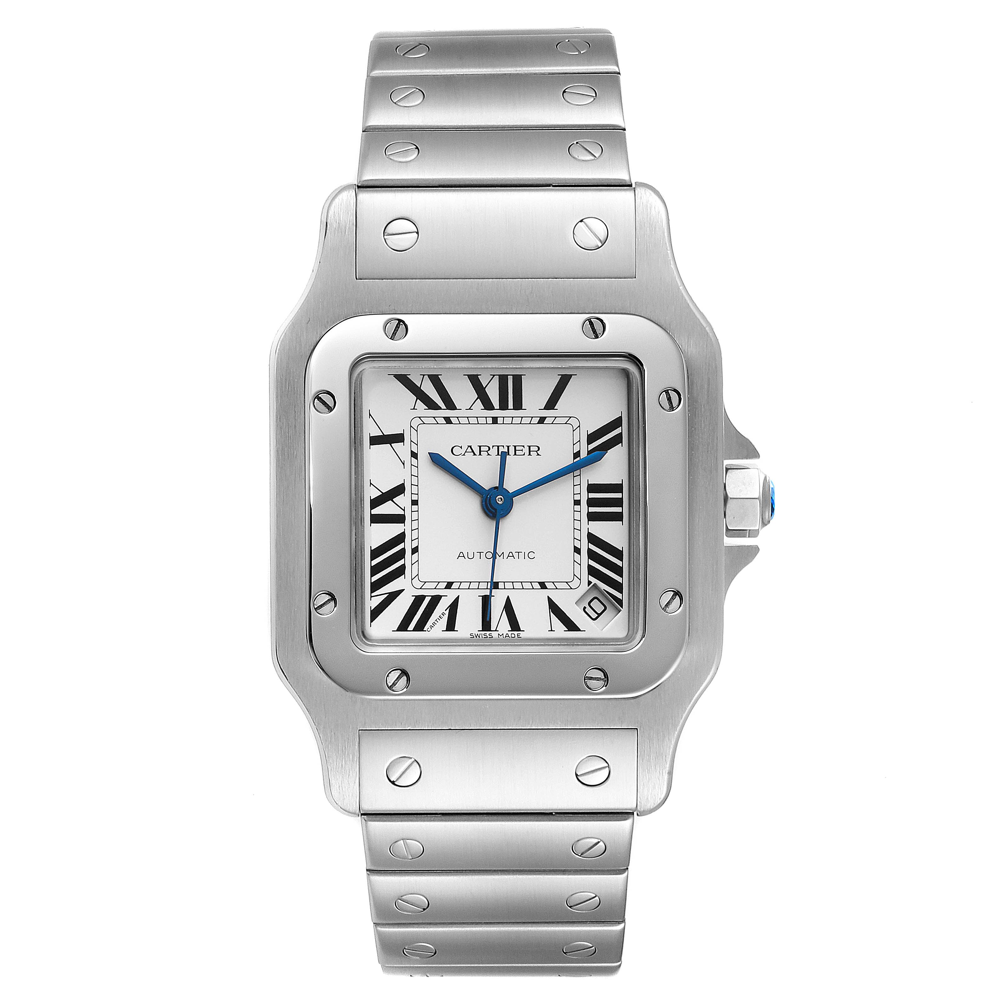 The image shows a frontal view of a Cartier Santos W20098D6 Men
s Stainless Steel Silver Dial W20098D6 Men
s Stainless Steel Silver Dial watch, displaying the face, bezel, and metal bracelet with screws.
