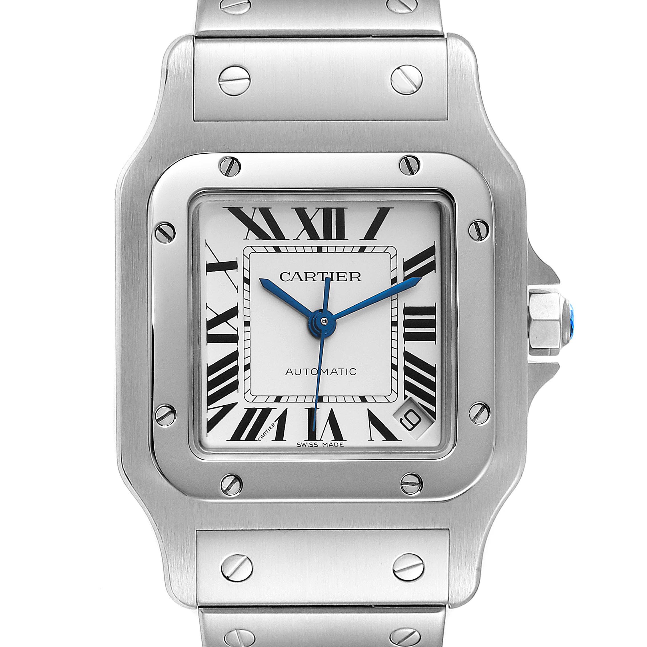 Front view of a Cartier Santos W20098D6 Men
s Stainless Steel Silver Dial W20098D6 Men
s Stainless Steel Silver Dial watch displaying the dial, bezel, crown, and part of the bracelet.