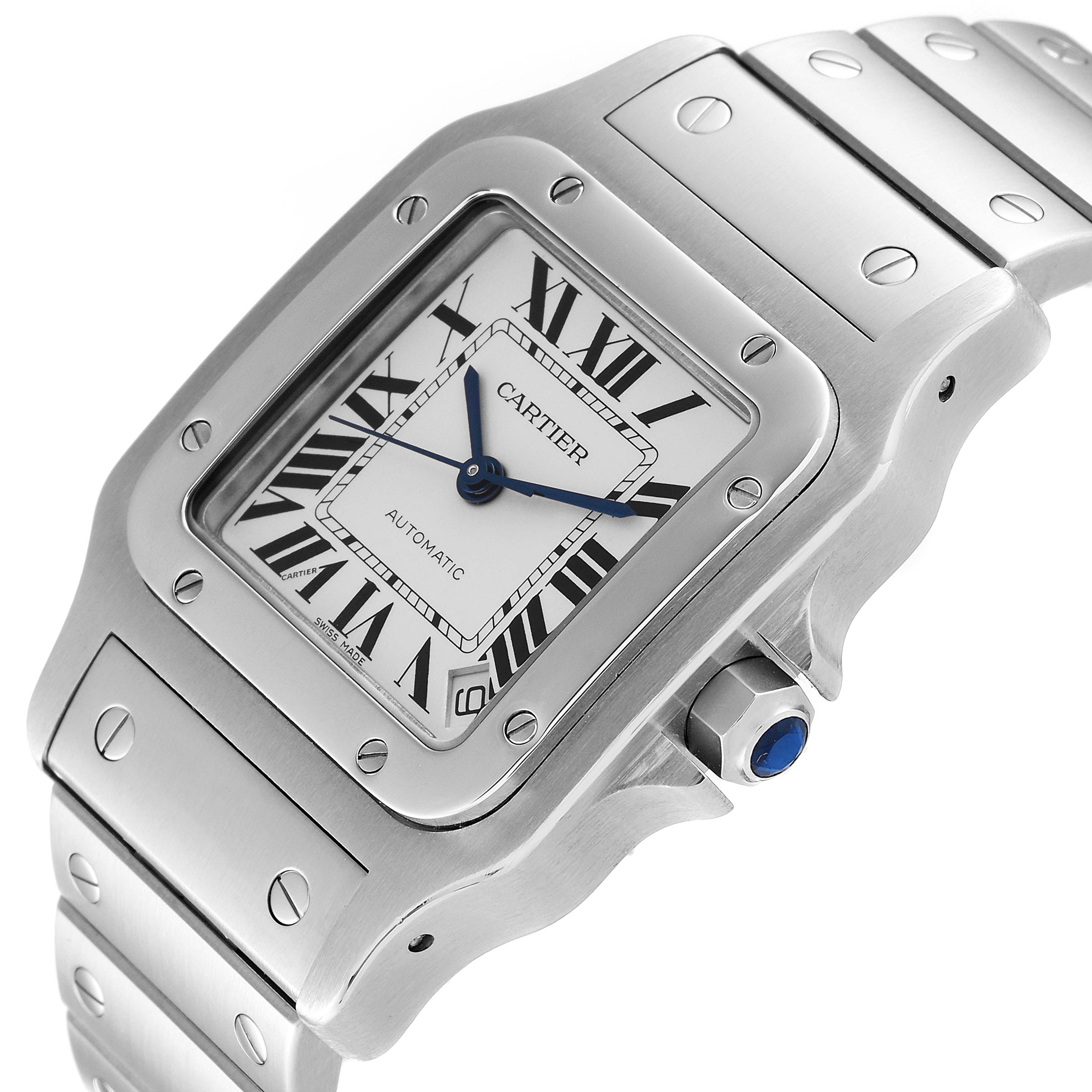 The image shows a close-up, angled view of the Cartier Santos W20098D6 Men
s Stainless Steel Silver Dial W20098D6 Men
s Stainless Steel Silver Dial watch, showcasing its face, bezel, and part of the bracelet.