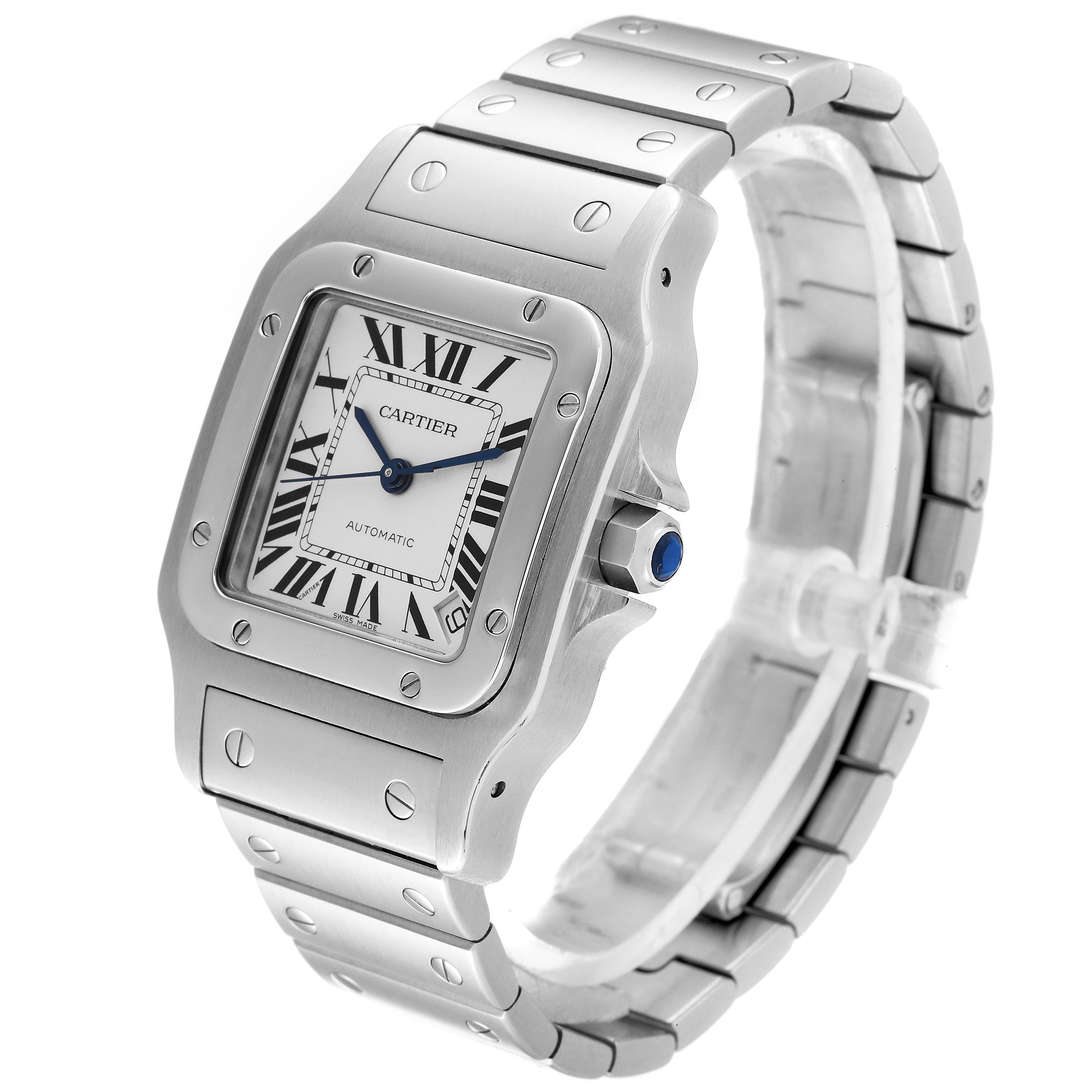 The image shows a side and front angle of a Cartier Santos W20098D6 Men
s Stainless Steel Silver Dial W20098D6 Men
s Stainless Steel Silver Dial watch, highlighting its bezel, dial, case, and bracelet.