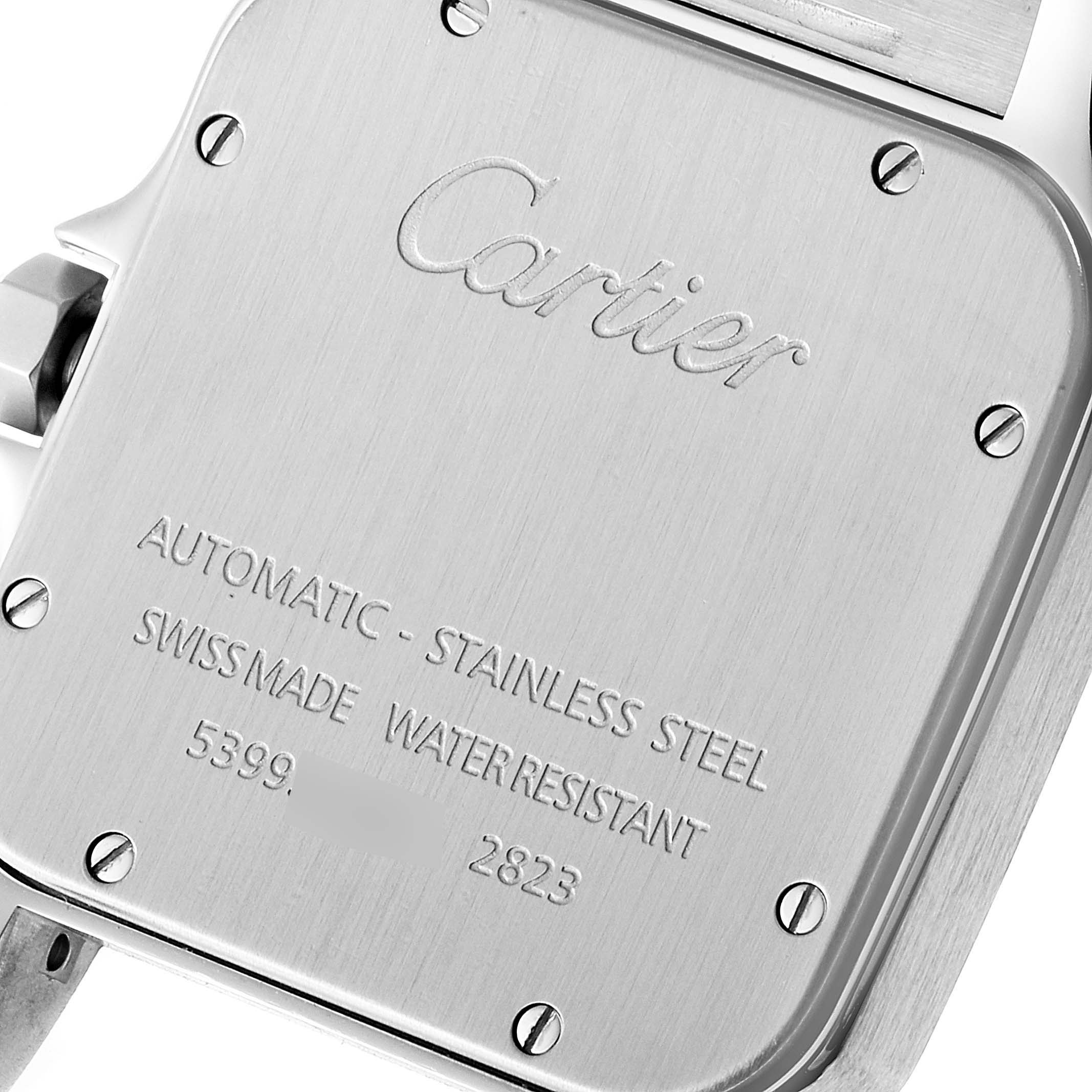 The image shows the case back of a Cartier Santos W20098D6 Men
s Stainless Steel Silver Dial W20098D6 Men
s Stainless Steel Silver Dial watch, highlighting its screws and engraved details.