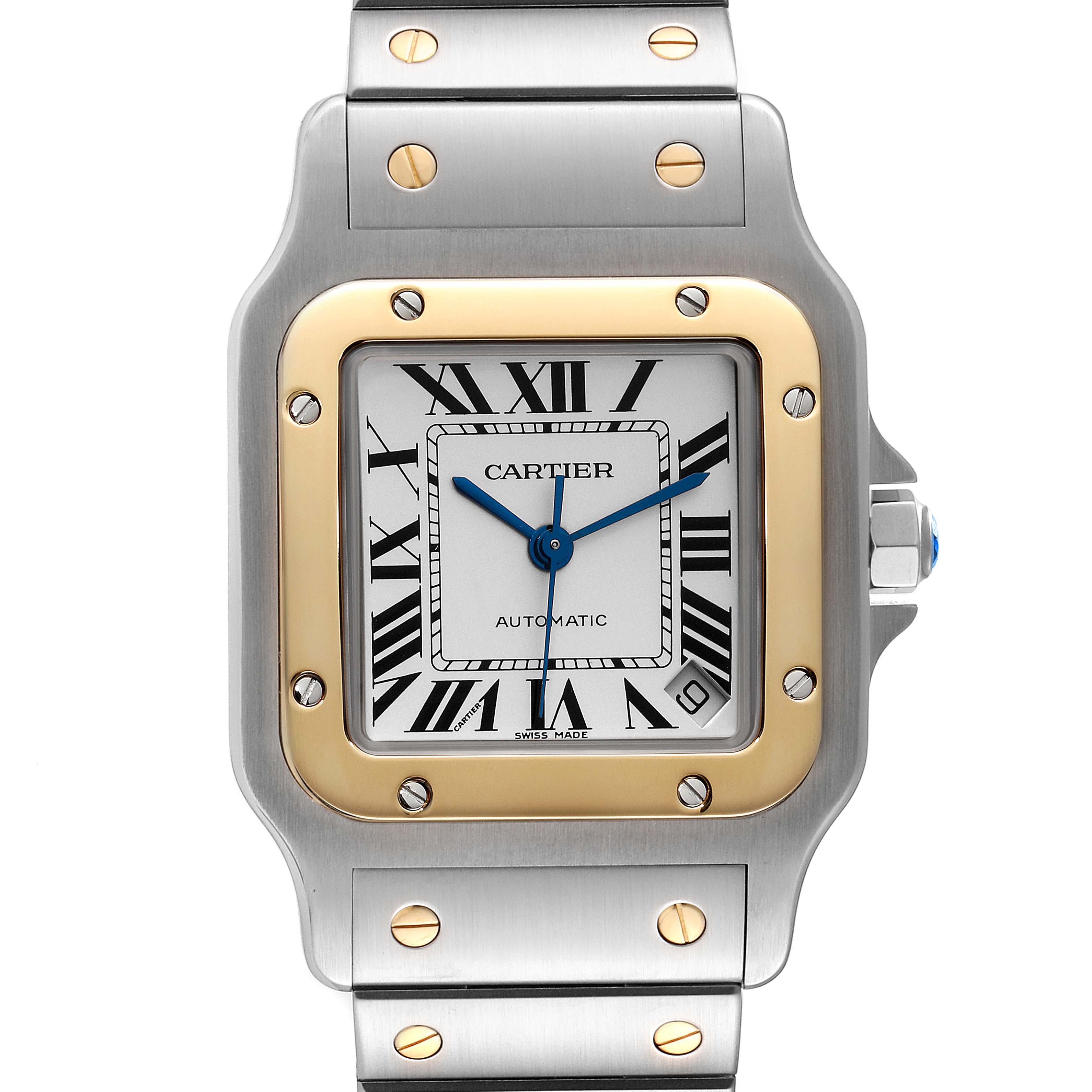 The image shows a frontal view of the Cartier Santos W20099C4 Men's Steel and Gold (two tone) Silver Dial W20099C4 Men's Steel and Gold (two tone) Silver Dial watch, highlighting its face, bezel, and part of the bracelet.