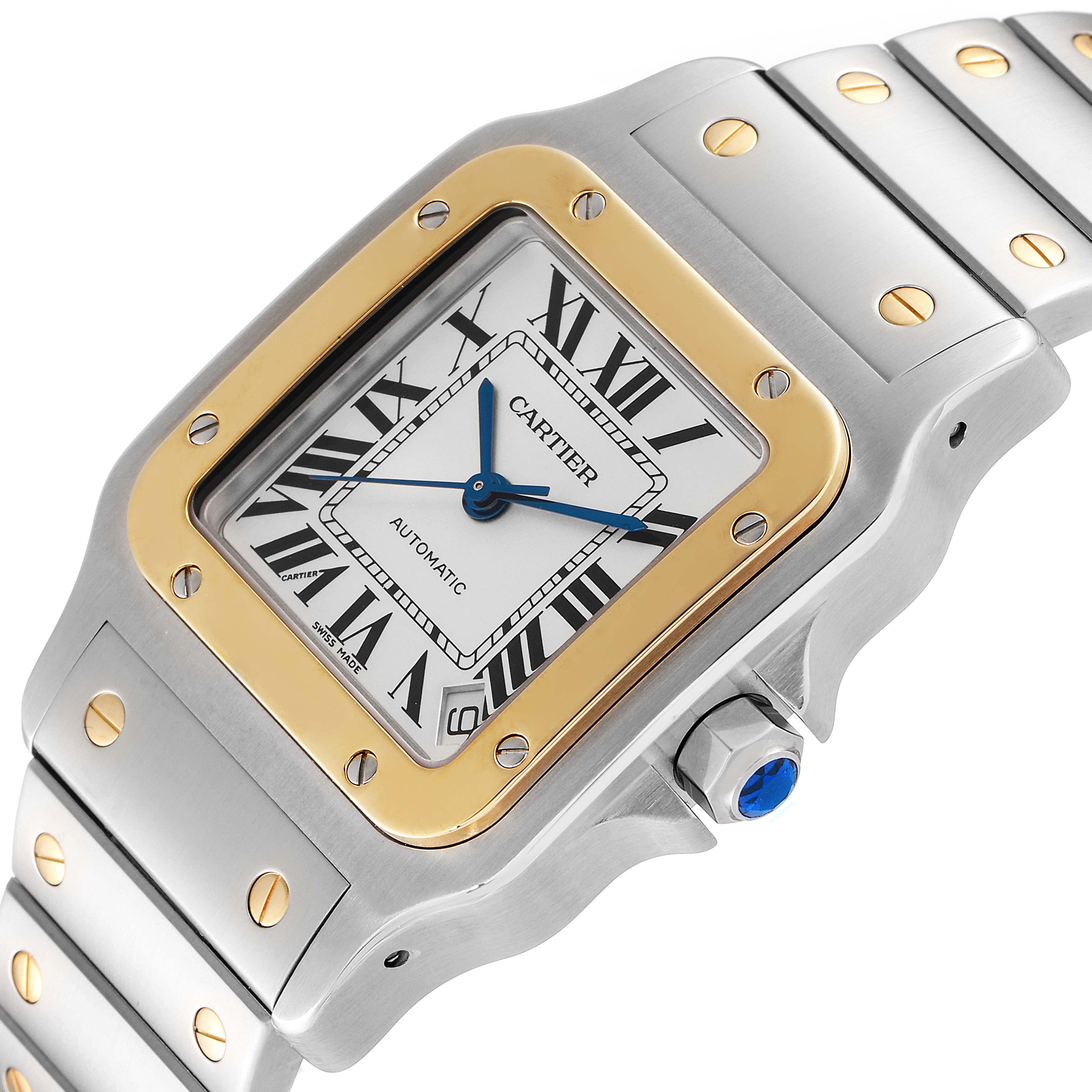 The Cartier Santos W20099C4 Men's Steel and Gold (two tone) Silver Dial W20099C4 Men's Steel and Gold (two tone) Silver Dial watch is shown at an angle, highlighting its face, bezel, bracelet, and crown with a blue gem.