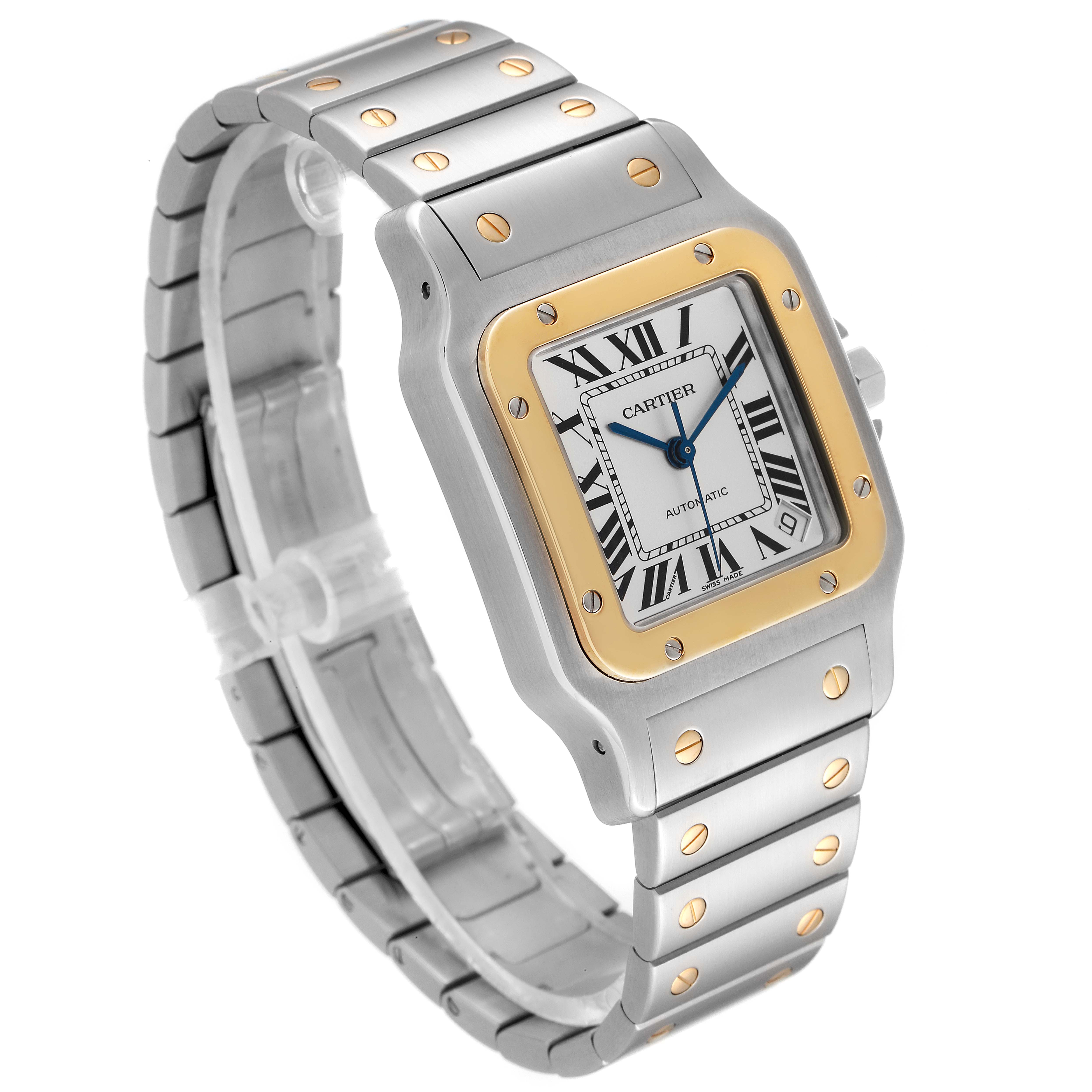 The image shows the Cartier Santos W20099C4 Men's Steel and Gold (two tone) Silver Dial W20099C4 Men's Steel and Gold (two tone) Silver Dial watch from a front-side angle, highlighting the face, bezel, and bracelet.