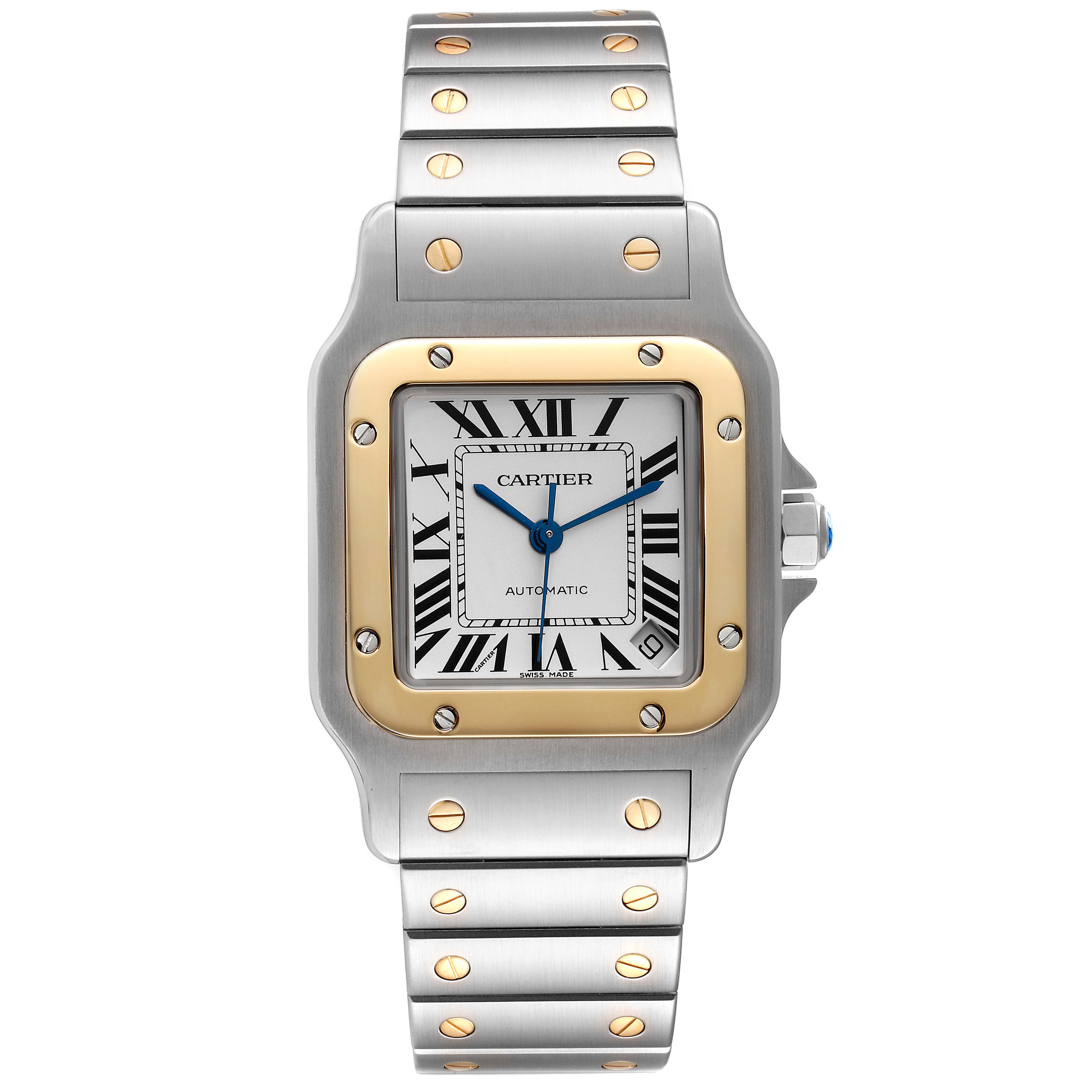 This image shows a front view of the Cartier Santos W20099C4 Men's Steel and Gold (two tone) Silver Dial W20099C4 Men's Steel and Gold (two tone) Silver Dial model watch, displaying the face, bezel, and bracelet.