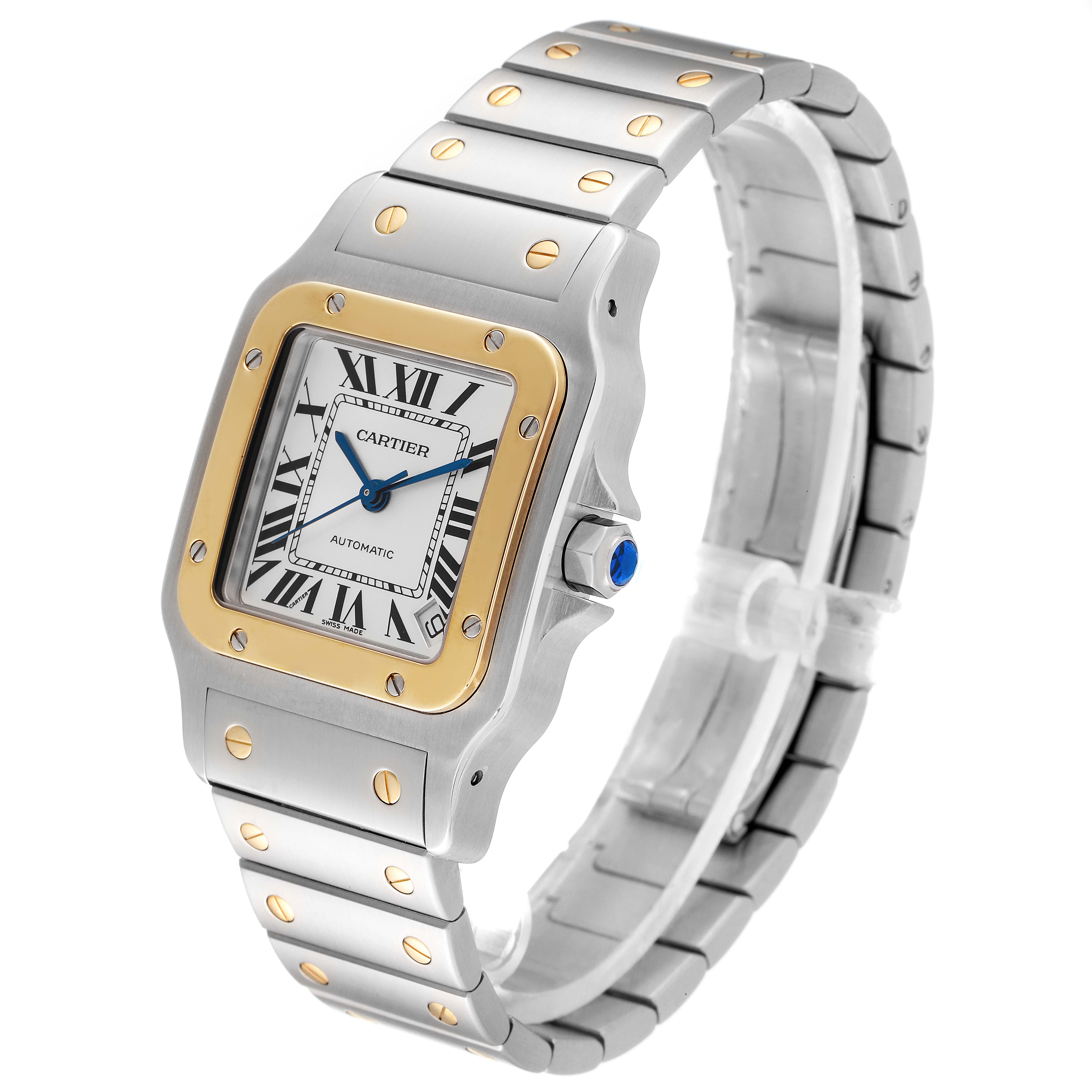 The Cartier Santos W20099C4 Men's Steel and Gold (two tone) Silver Dial W20099C4 Men's Steel and Gold (two tone) Silver Dial watch is shown at an angled side view, featuring its face, bezel, and bracelet.