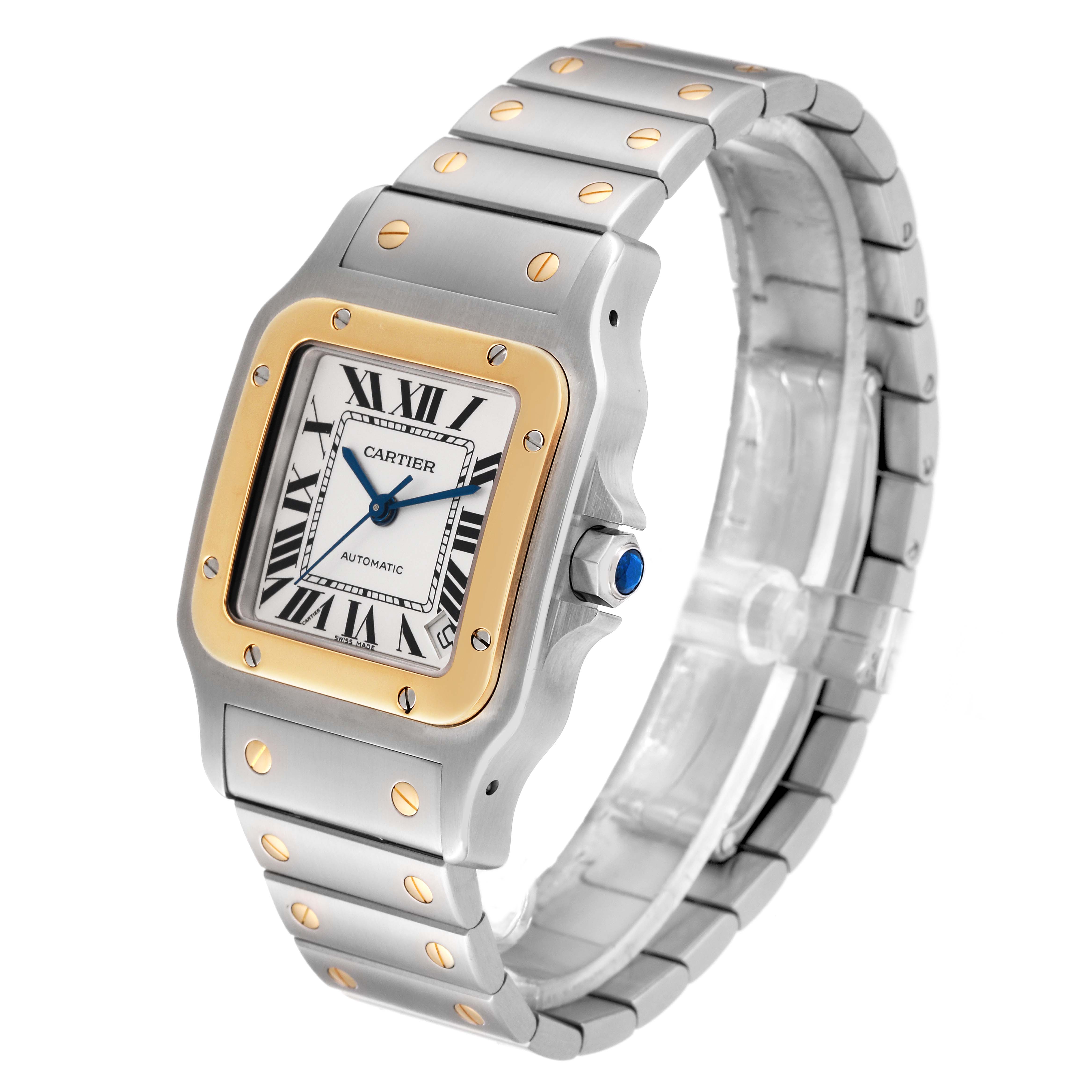 The image shows a Cartier Santos W20099C4 Men
s Steel and Gold (two tone) Silver Dial W20099C4 Men
s Steel and Gold (two tone) Silver Dial model watch from an angled view, highlighting the face, bezel, and bracelet.