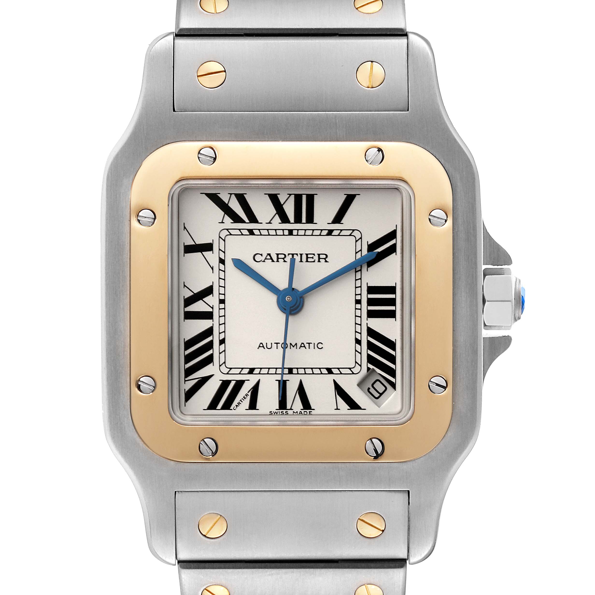 The image shows a close-up front view of the Cartier Santos W20099C4 Men
s Steel and Gold (two tone) Silver Dial W20099C4 Men
s Steel and Gold (two tone) Silver Dial watch, highlighting the dial, bezel, and bracelet.