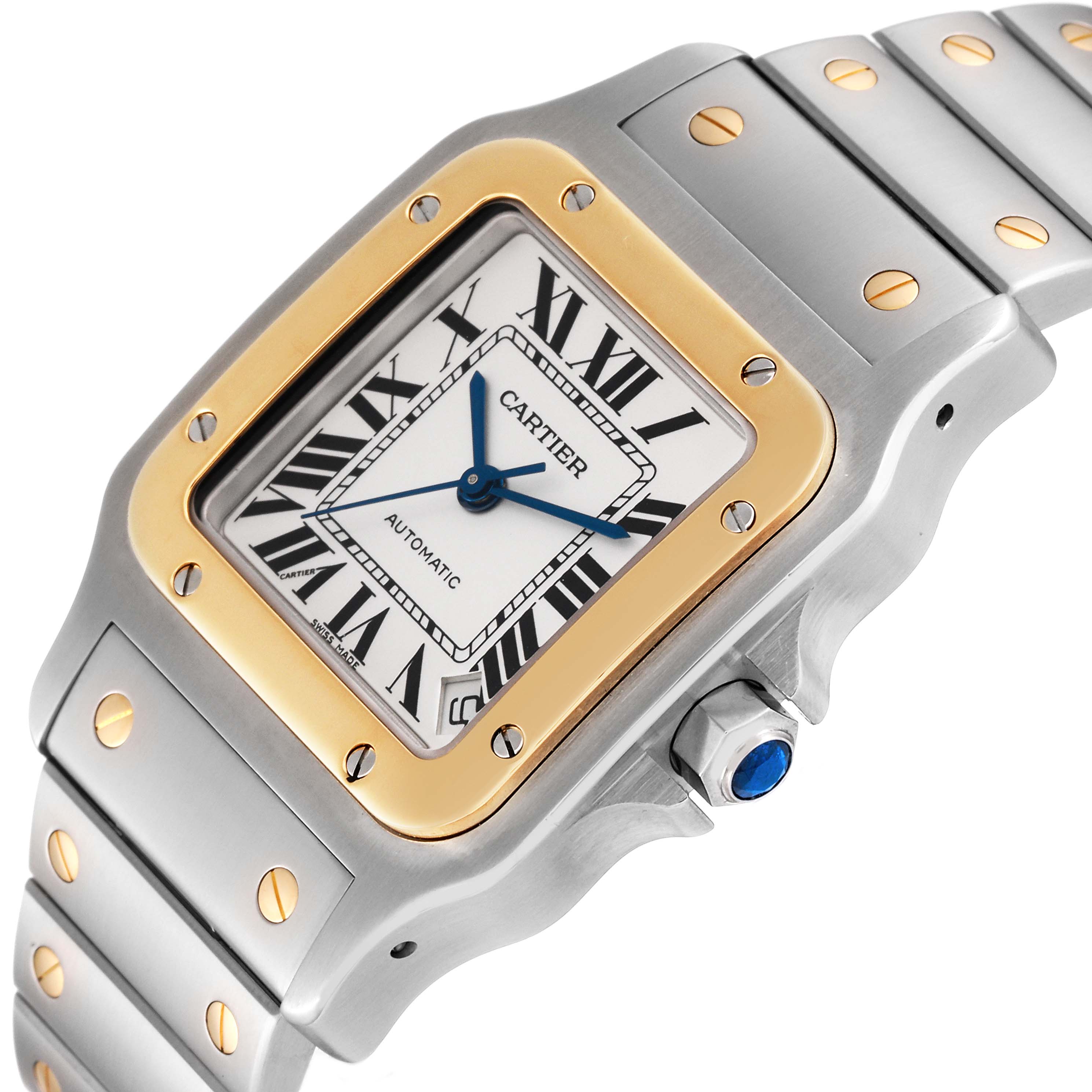 This image shows a Cartier Santos W20099C4 Men
s Steel and Gold (two tone) Silver Dial W20099C4 Men
s Steel and Gold (two tone) Silver Dial watch at a close-up angle, highlighting its bezel, face, and part of the bracelet.