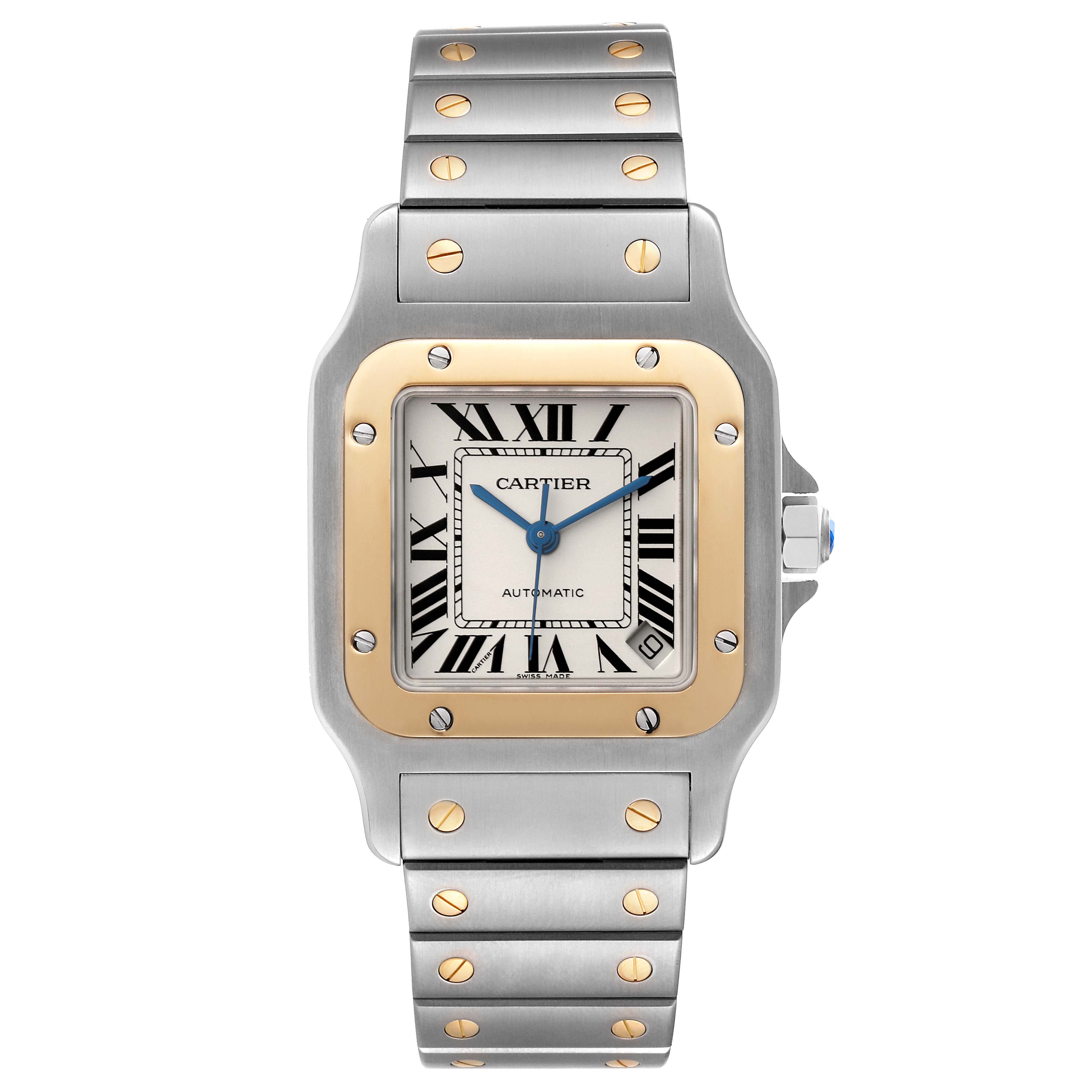 The image shows a front view of a Cartier Santos W20099C4 Men
s Steel and Gold (two tone) Silver Dial W20099C4 Men
s Steel and Gold (two tone) Silver Dial watch, highlighting its face, bezel, and bracelet with visible screws.