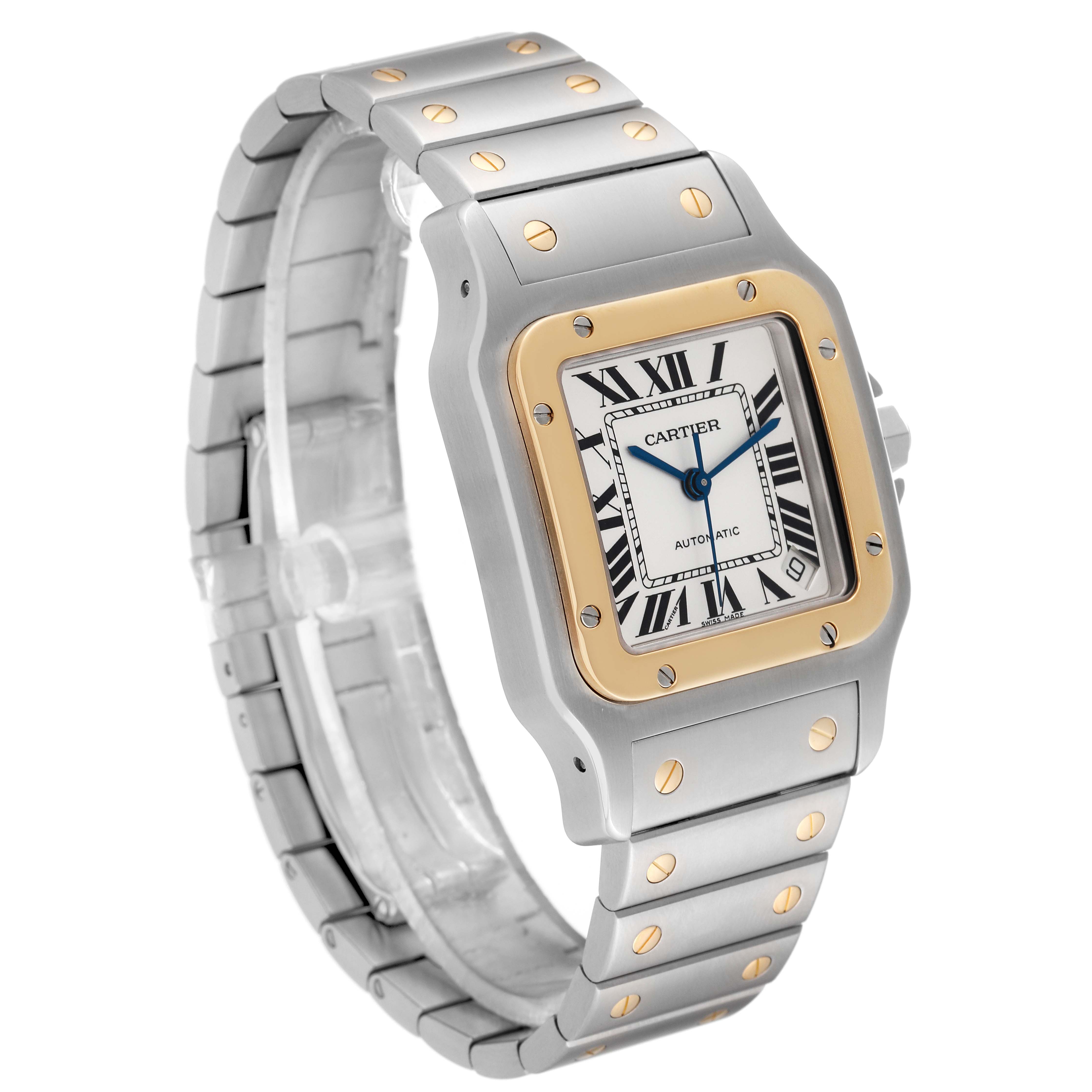 The Cartier Santos W20099C4 Men
s Steel and Gold (two tone) Silver Dial W20099C4 Men
s Steel and Gold (two tone) Silver Dial model watch is shown at a 3/4 angle, highlighting its face, stainless steel band, and gold screws.