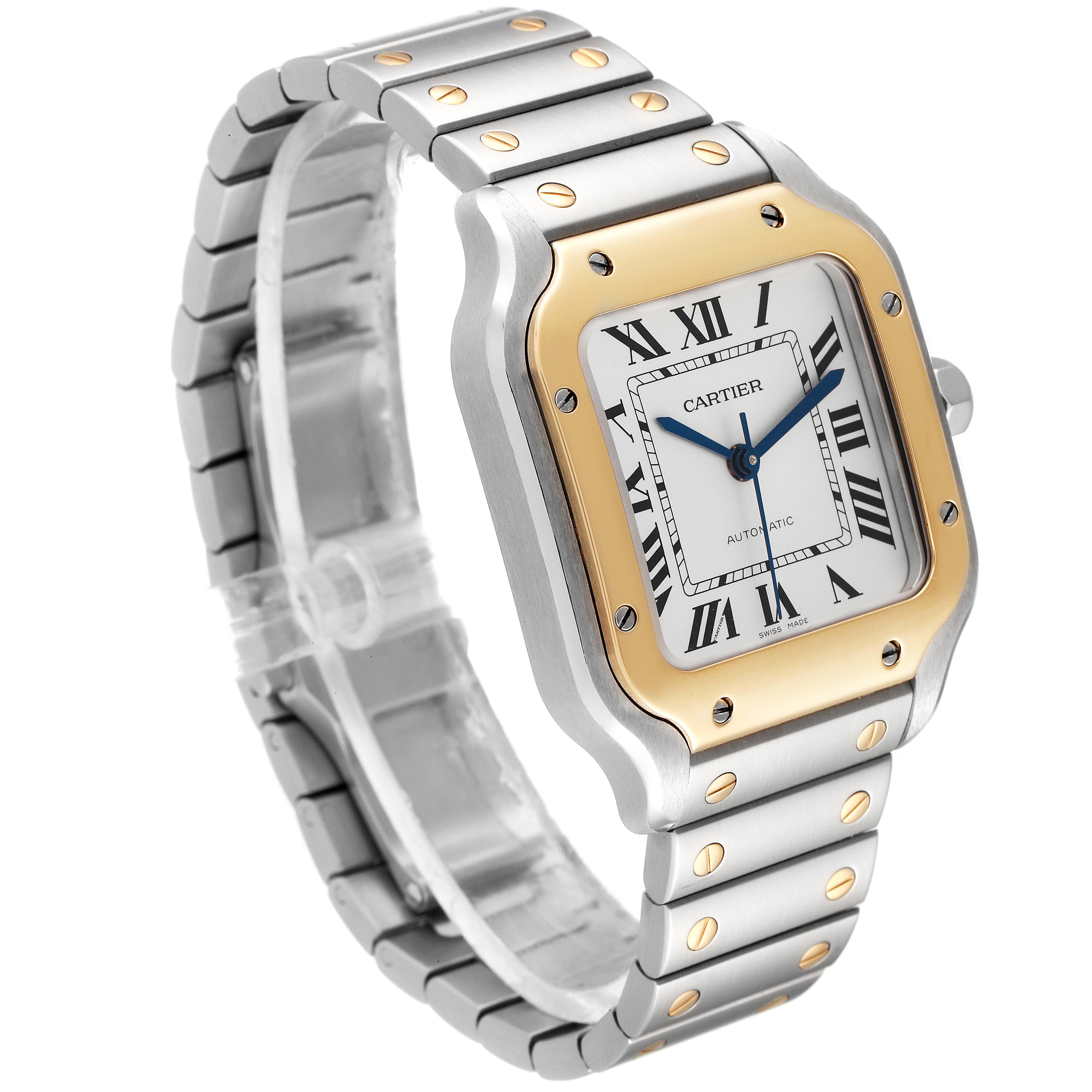 The image shows a Santos model by Cartier watch at a three-quarter angle, highlighting its stainless steel and gold case and bracelet.