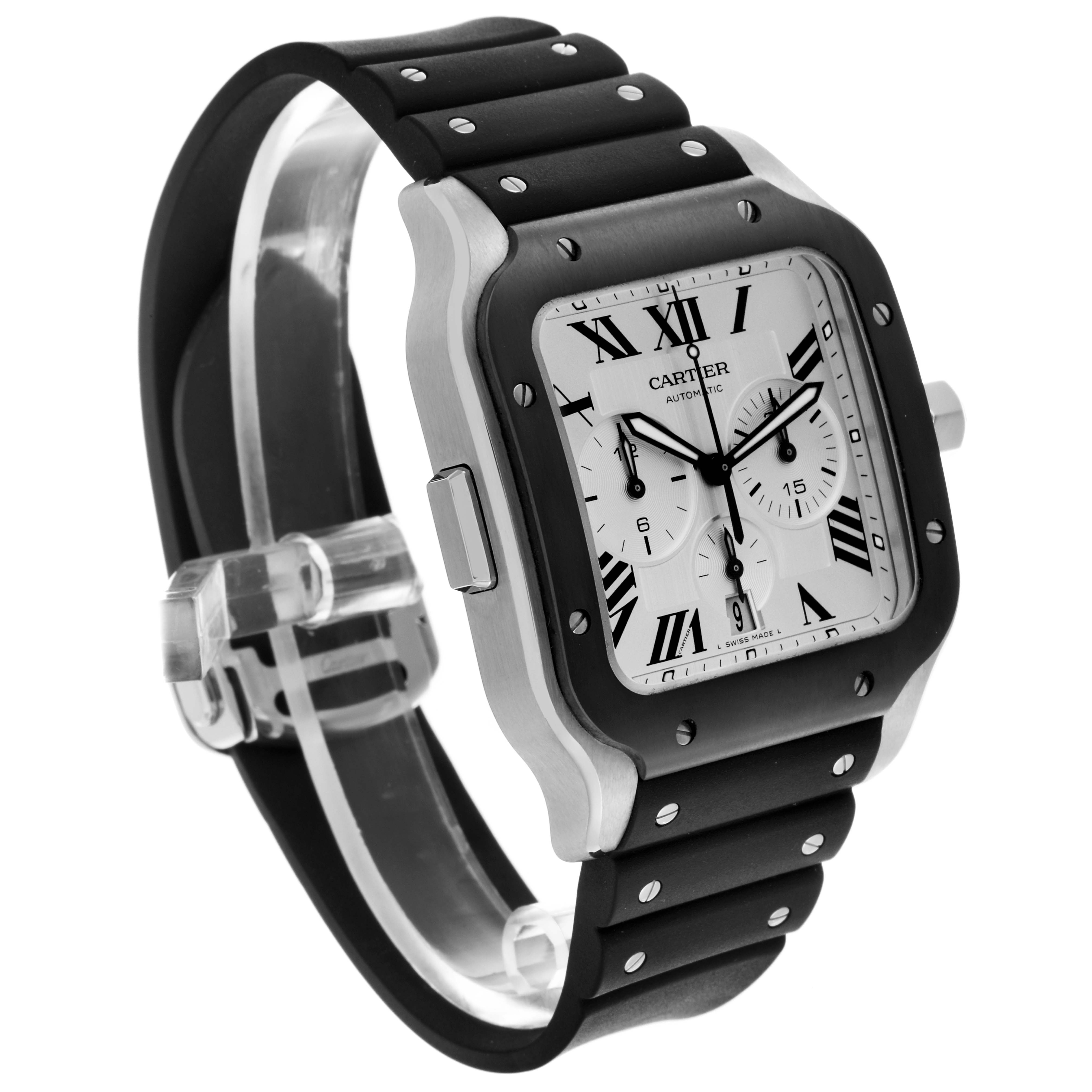 The image shows a side view of the Cartier Santos WSSA0017 Men's Stainless Steel Silver Dial WSSA0017 Men's Stainless Steel Silver Dial watch, highlighting its face, bezel, and rubber strap.