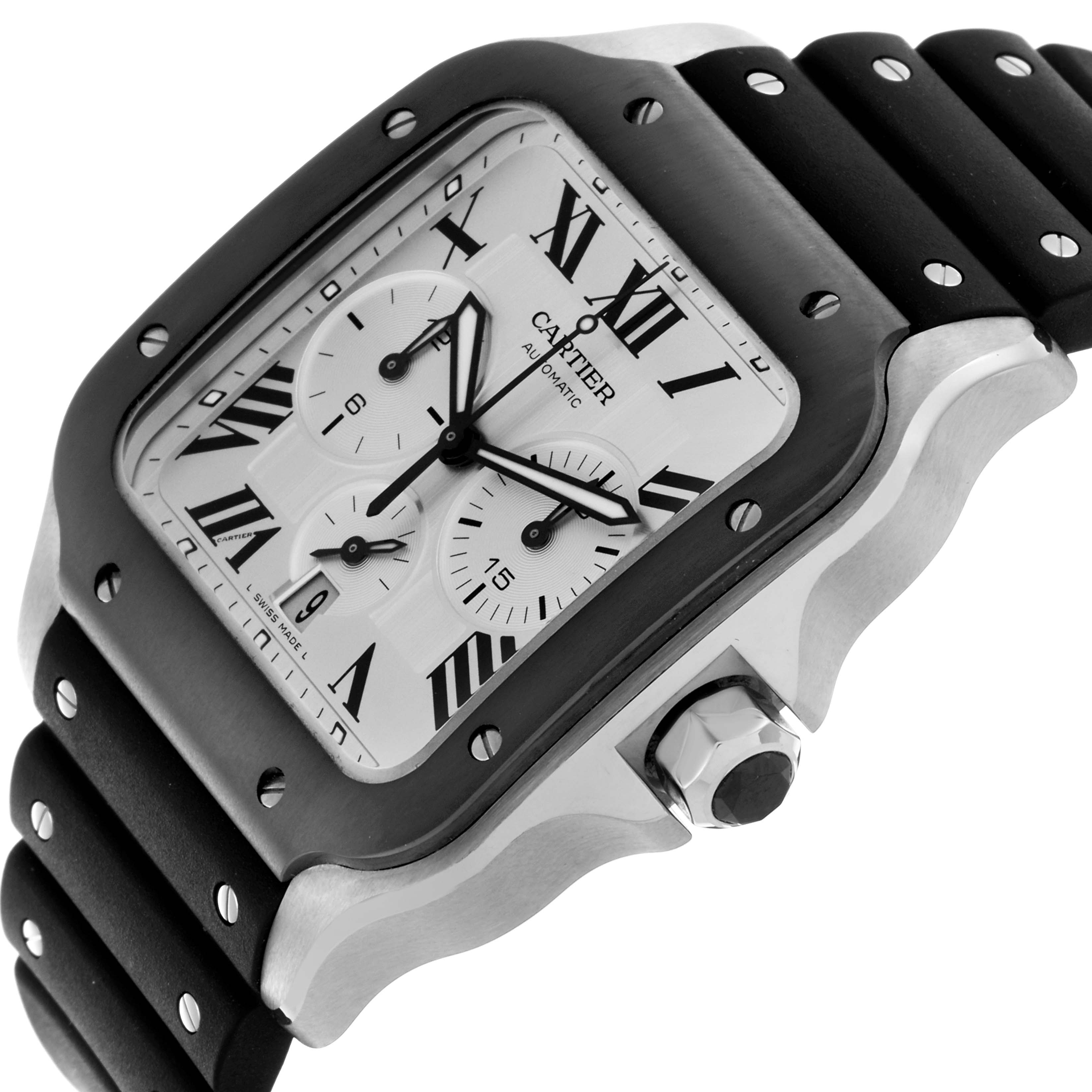 The Cartier Santos WSSA0017 Men's Stainless Steel Silver Dial WSSA0017 Men's Stainless Steel Silver Dial watch is shown at a three-quarter angle, highlighting its face, bezel, and strap.