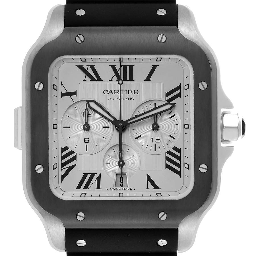 The Cartier Santos watch is shown from a front angle, displaying the dial, case, and part of the strap.