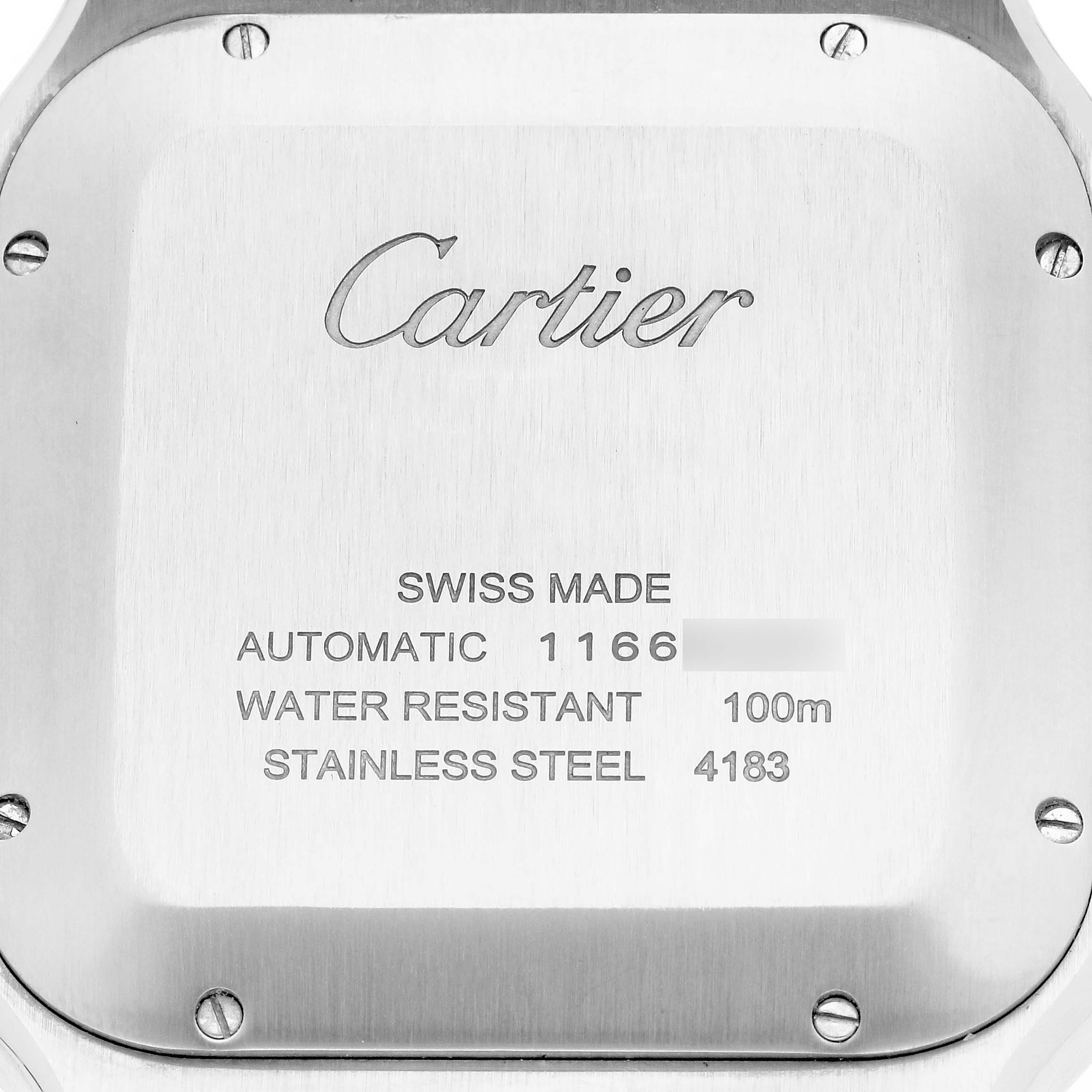 The image shows the case back of a Cartier Santos WSSA0017 Men's Stainless Steel Silver Dial WSSA0017 Men's Stainless Steel Silver Dial watch, displaying engravings with specifications.