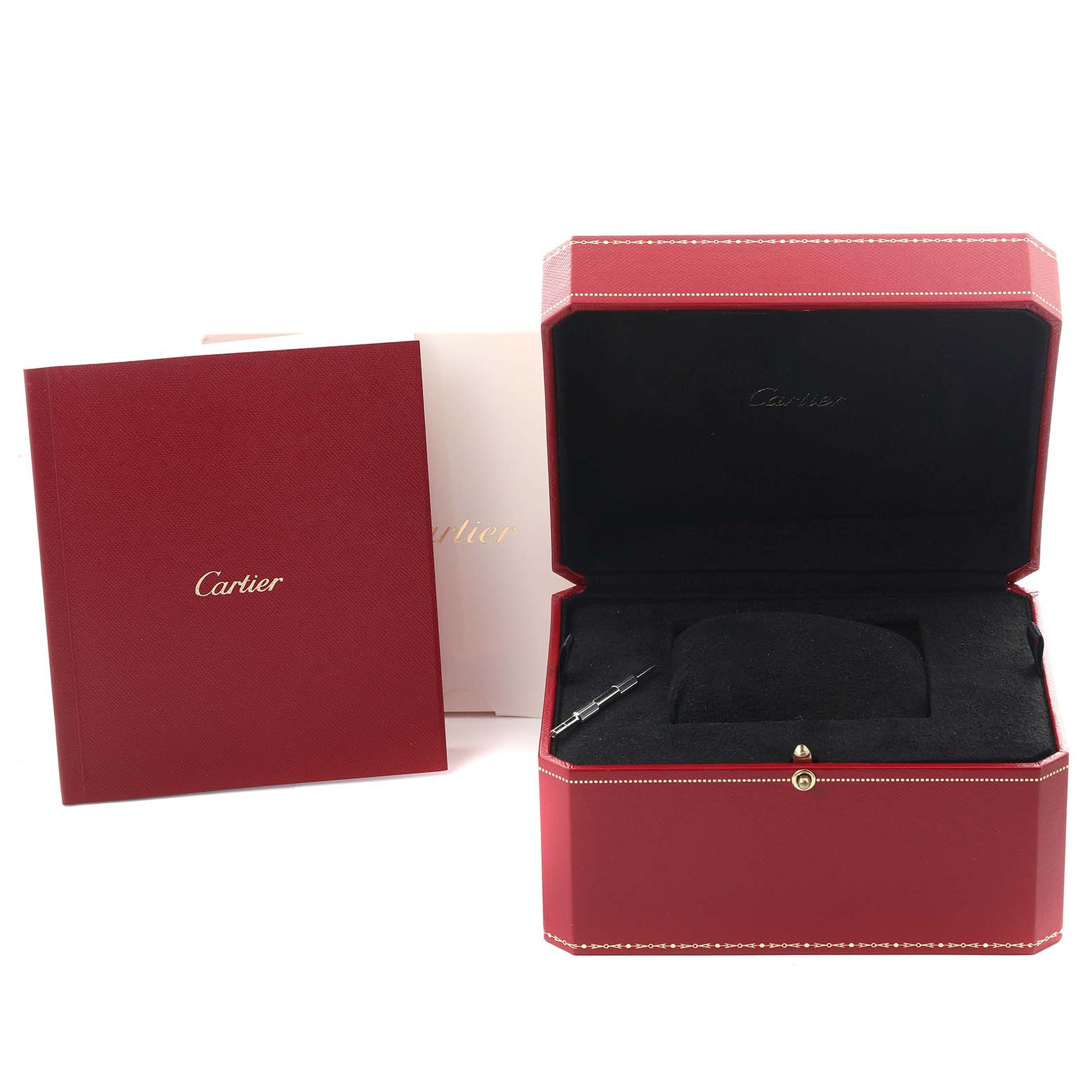 The image shows the Cartier Santos WSSA0017 Men's Stainless Steel Silver Dial WSSA0017 Men's Stainless Steel Silver Dial watch box open with the cushion and an instruction booklet beside it.