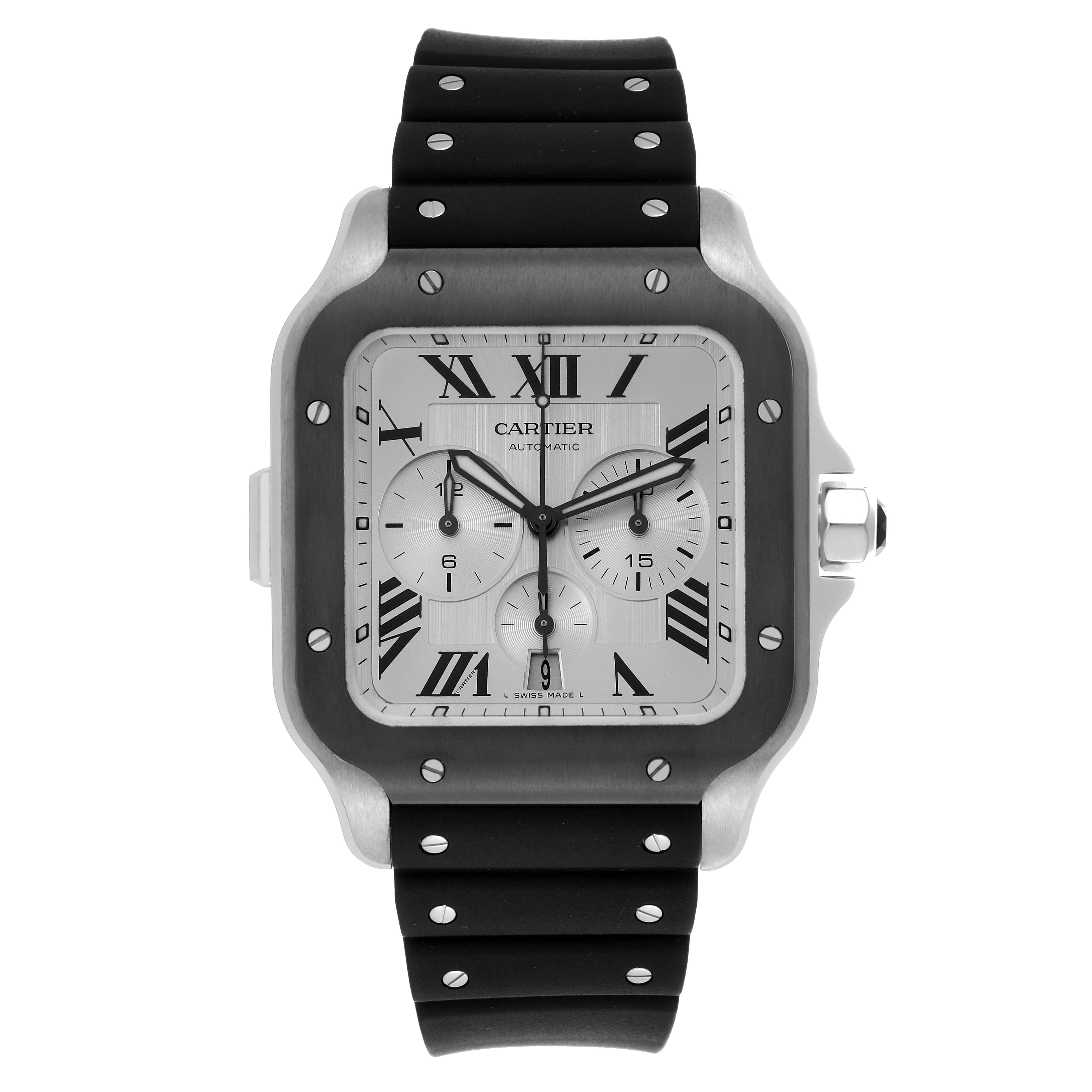The Cartier Santos WSSA0017 Men's Stainless Steel Silver Dial WSSA0017 Men's Stainless Steel Silver Dial watch is shown from the front, displaying its face, bezel, and bracelet.