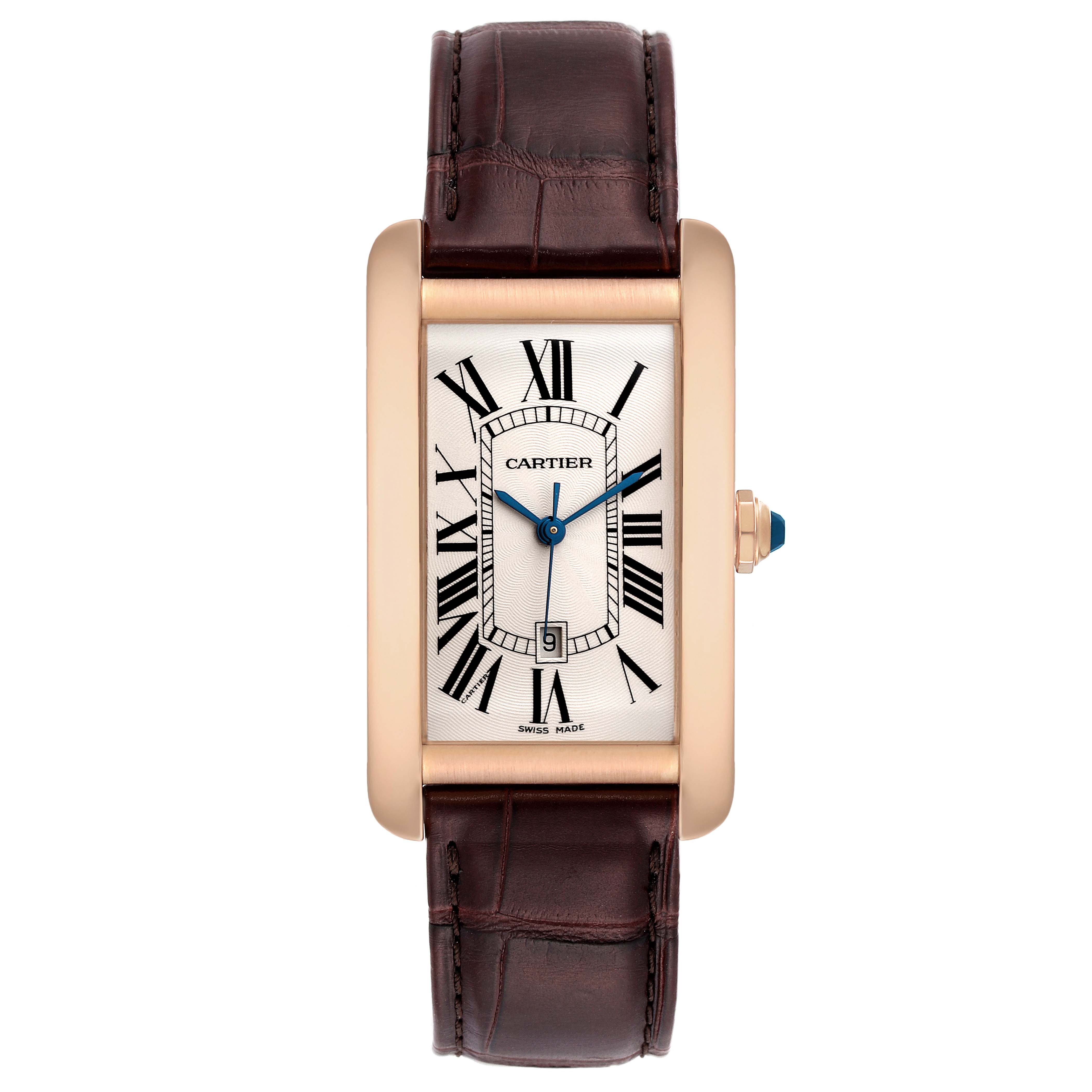 The image shows a frontal view of the Cartier Tank Americaine W2609156 Men's Rose Gold Silver Dial W2609156 Men's Rose Gold Silver Dial watch, highlighting its rectangular face, Roman numerals, and leather strap.