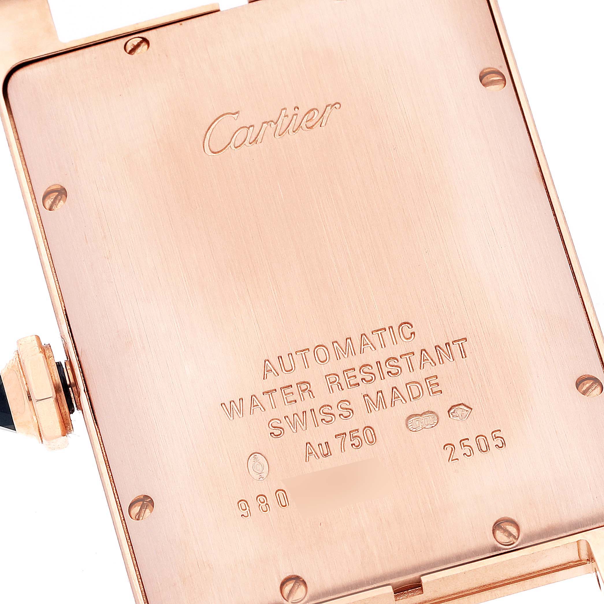 The image shows the back case of the Cartier Tank Americaine W2609156 Men's Rose Gold Silver Dial W2609156 Men's Rose Gold Silver Dial watch, highlighting inscriptions and water resistance details.