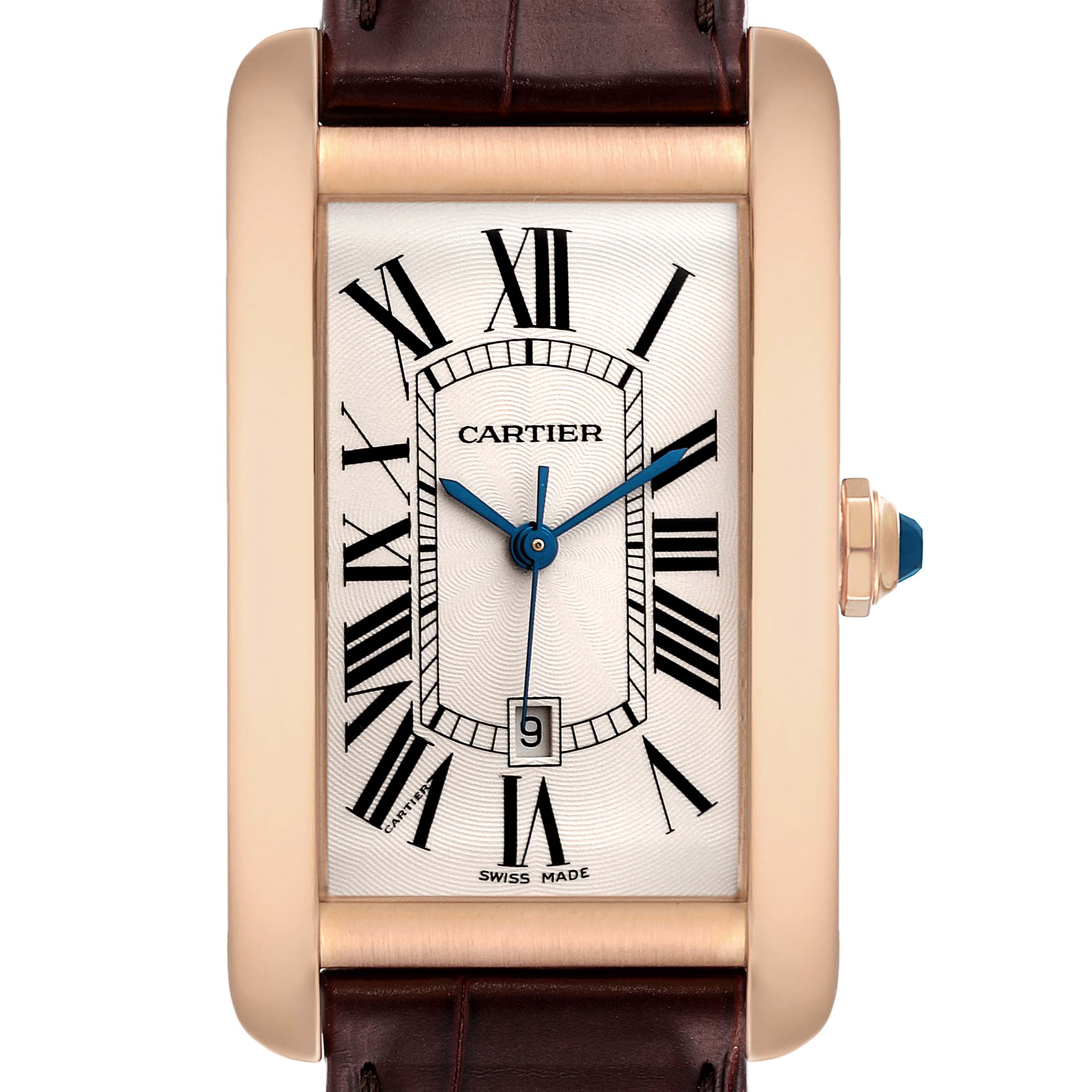 The image shows a frontal view of a Cartier Tank Americaine W2609156 Men's Rose Gold Silver Dial W2609156 Men's Rose Gold Silver Dial watch, displaying the dial, hands, and leather strap.