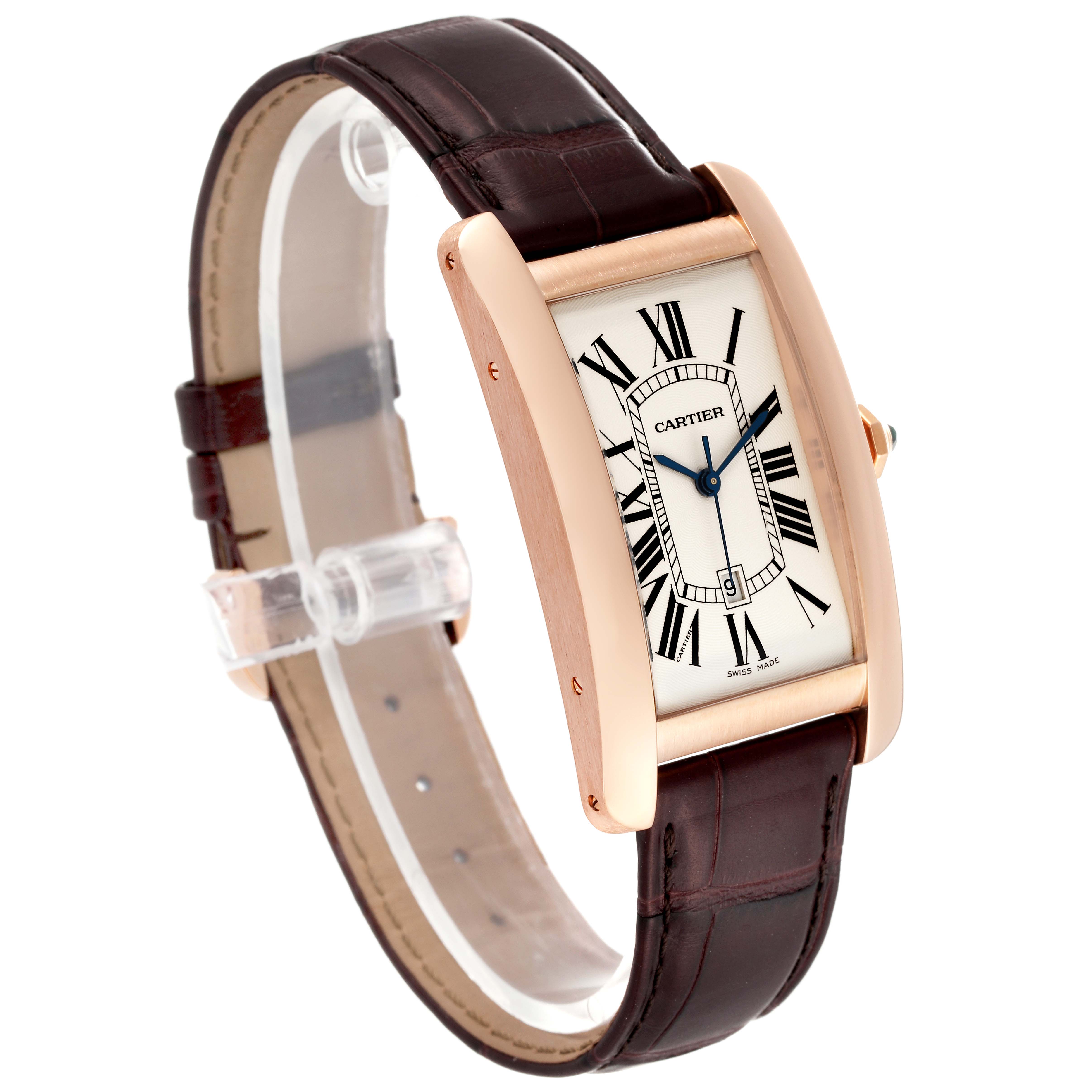 The image shows a side and front view of the Cartier Tank Americaine W2609156 Men's Rose Gold Silver Dial W2609156 Men's Rose Gold Silver Dial watch with a brown leather strap.