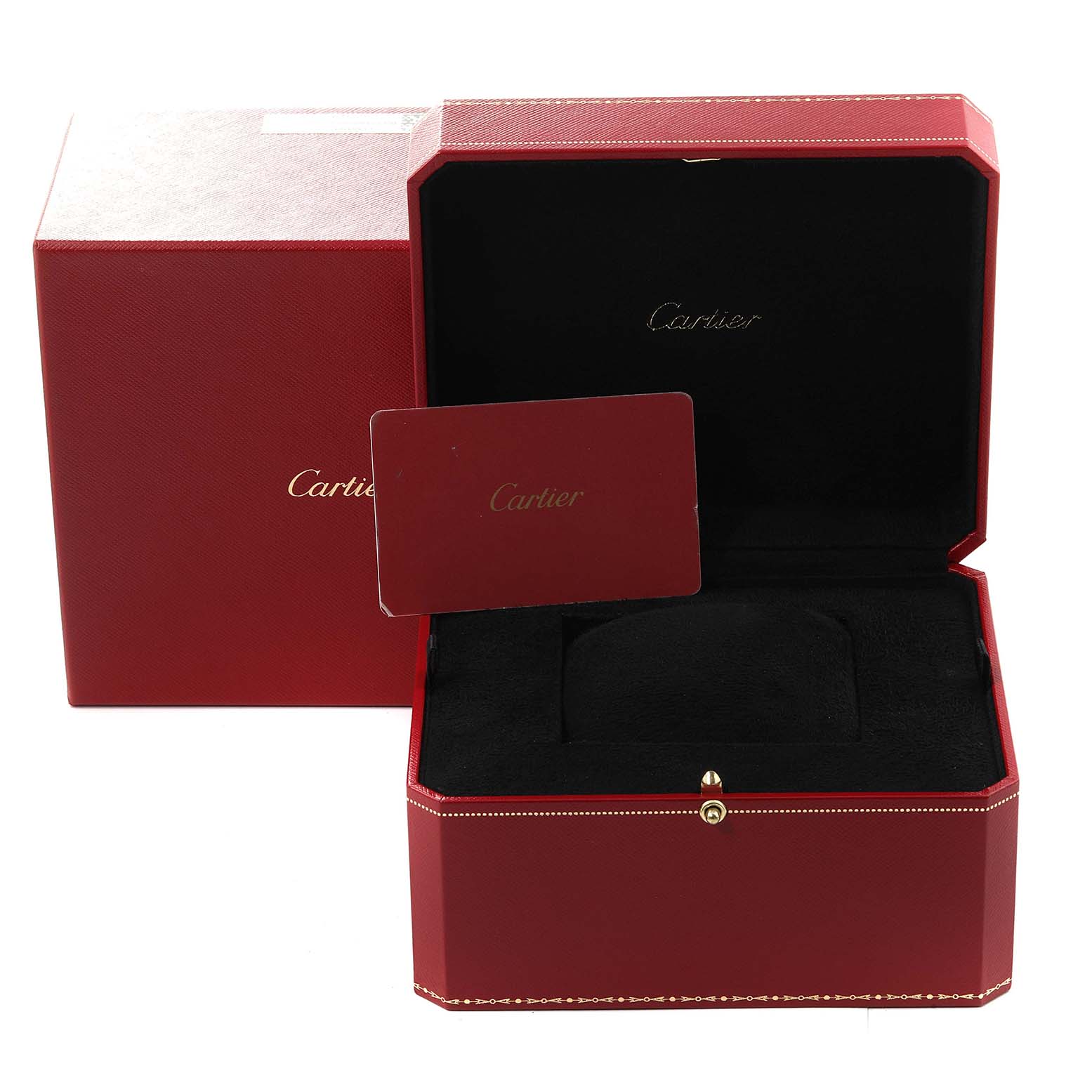 The image displays the packaging of a Cartier Tank Americaine W2609156 Men's Rose Gold Silver Dial W2609156 Men's Rose Gold Silver Dial watch, including the box, cushion, and card.