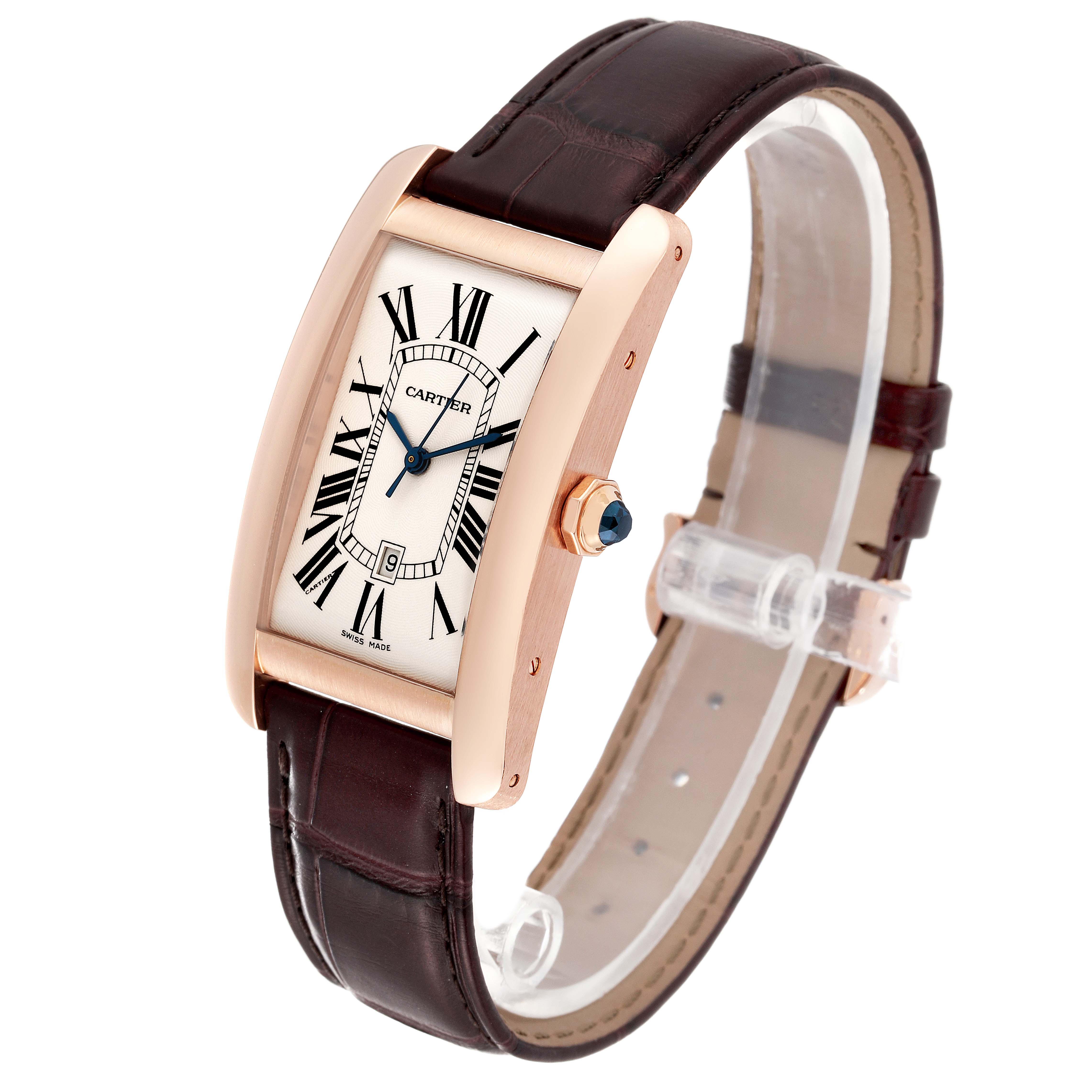 This image shows a Cartier Tank Americaine W2609156 Men's Rose Gold Silver Dial W2609156 Men's Rose Gold Silver Dial watch from an angled side view, displaying the face, strap, and crown.