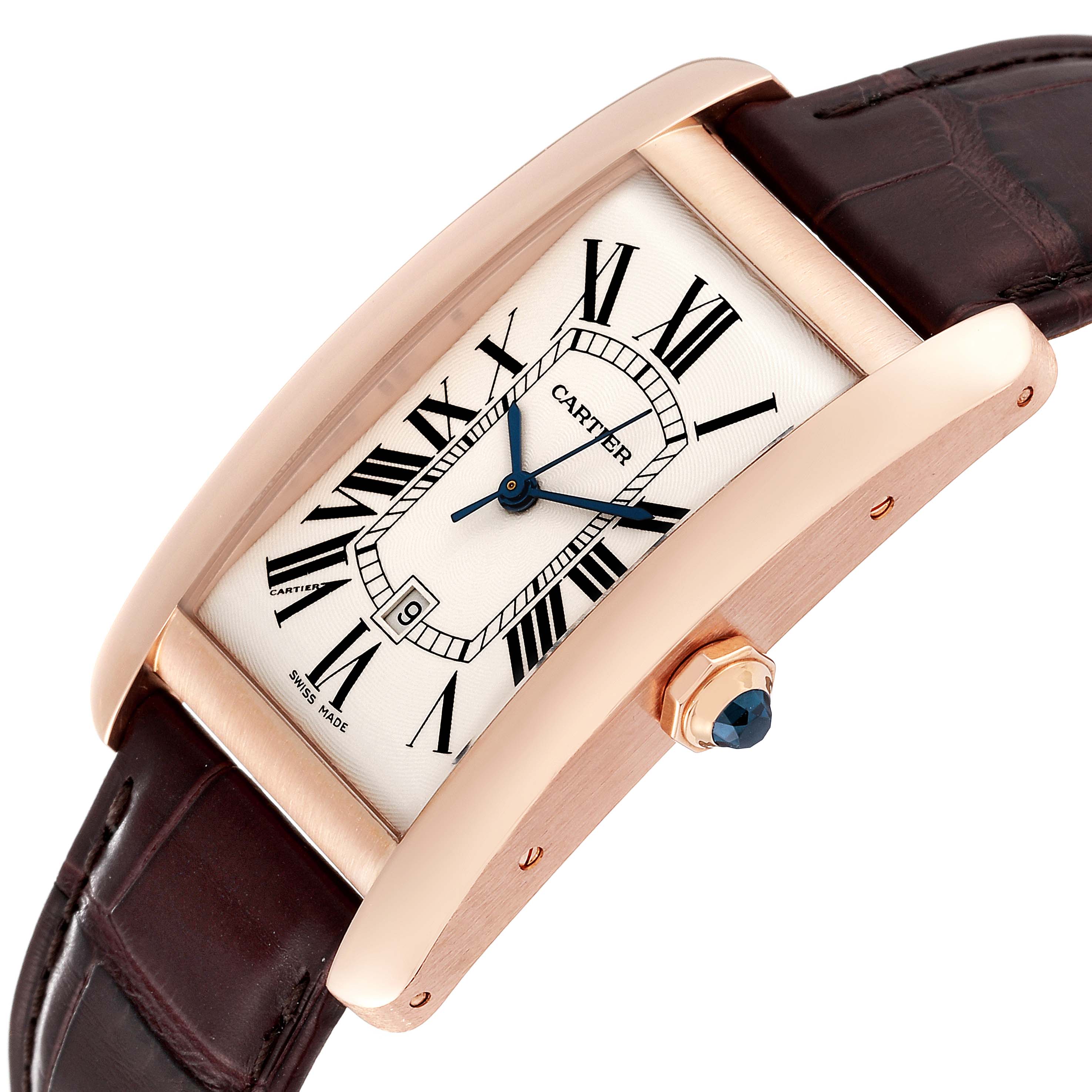 This Cartier Tank Americaine W2609156 Men's Rose Gold Silver Dial W2609156 Men's Rose Gold Silver Dial watch is shown at an angle highlighting its rectangular dial, Roman numerals, and leather strap.