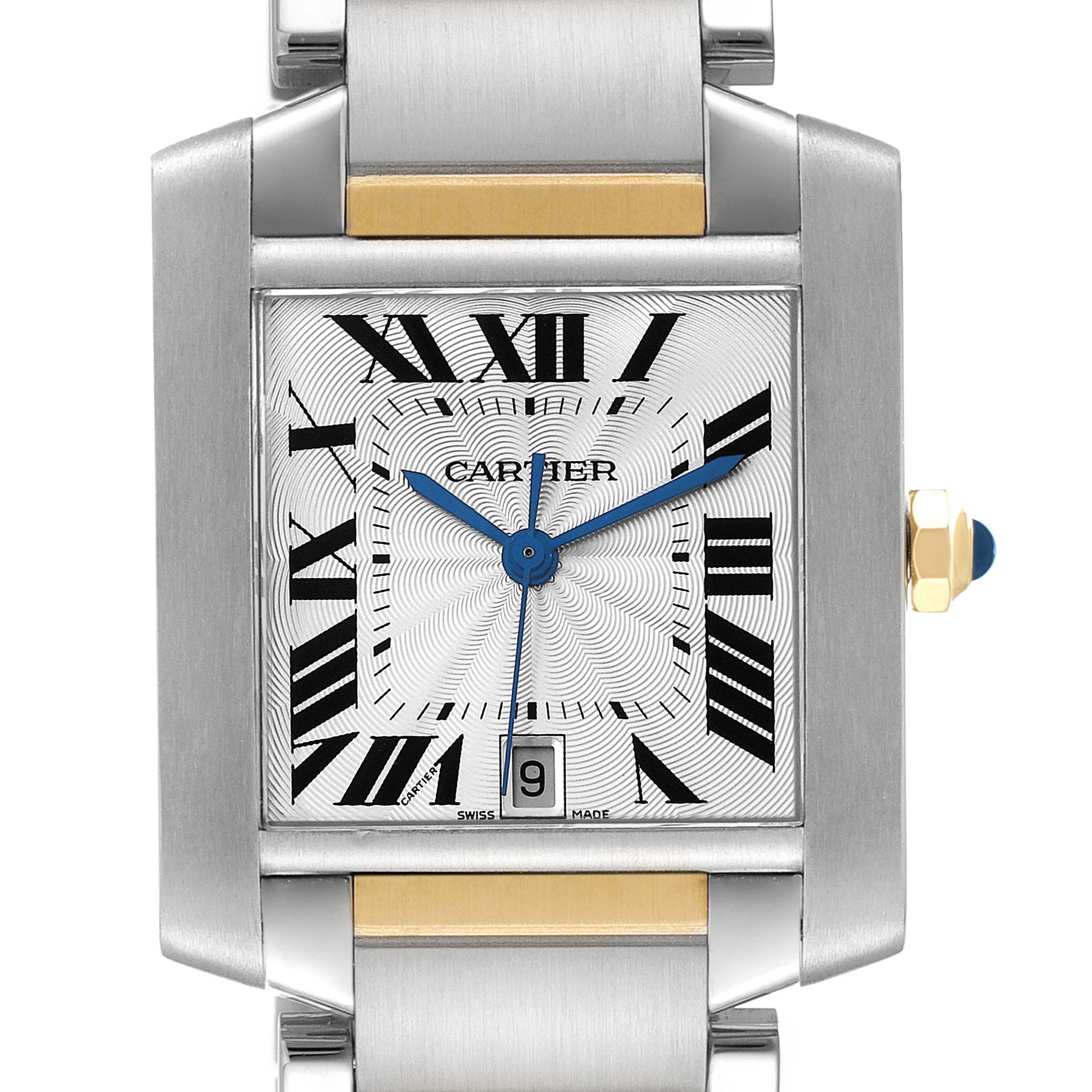 The image shows a close-up, front-facing view of the dial and part of the strap of the Cartier Tank Francaise W51005Q4 Men's Steel and Gold (two tone) Silver Dial W51005Q4 Men's Steel and Gold (two tone) Silver Dial watch.