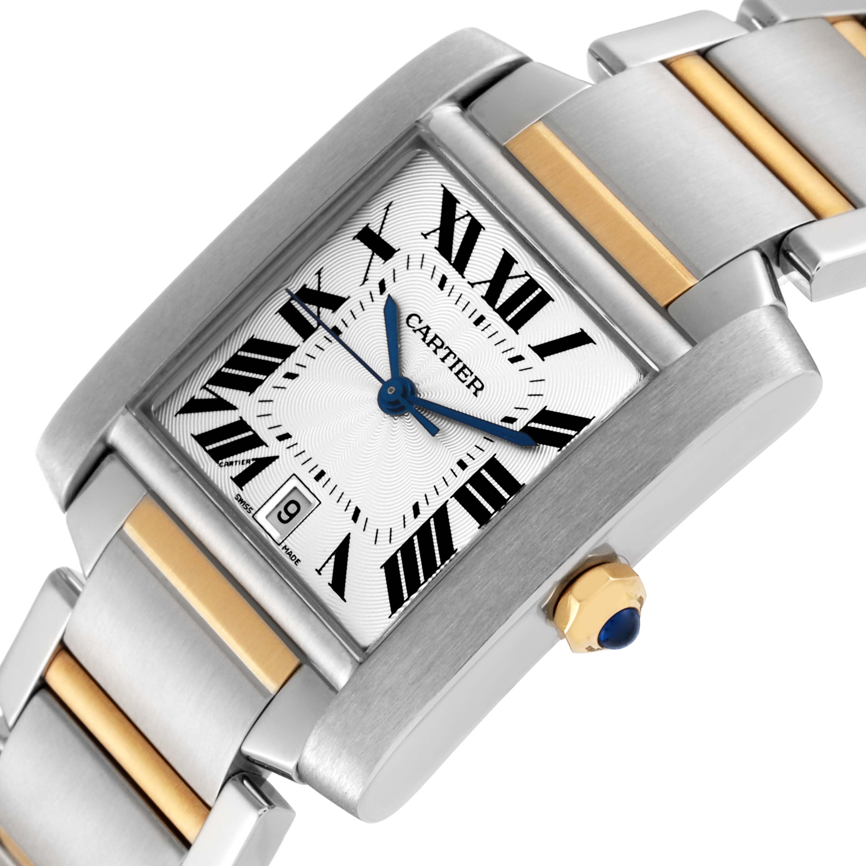 This image shows the dial, case, and bracelet of a Cartier Tank Française watch, highlighting its side view and two-tone design.