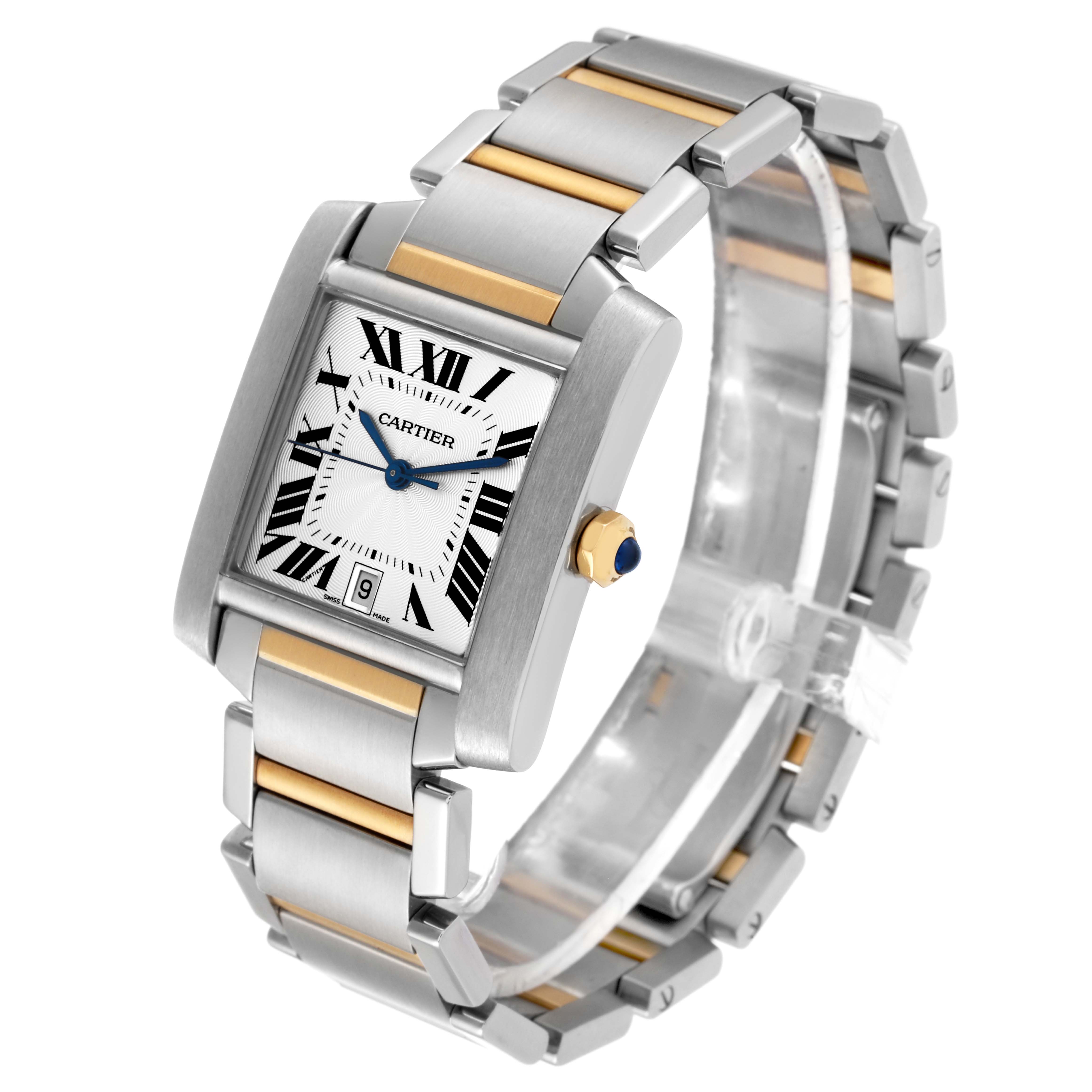 The image shows a Cartier Tank Française watch at a front-left angle, highlighting the dial, crown, and two-tone metal bracelet.