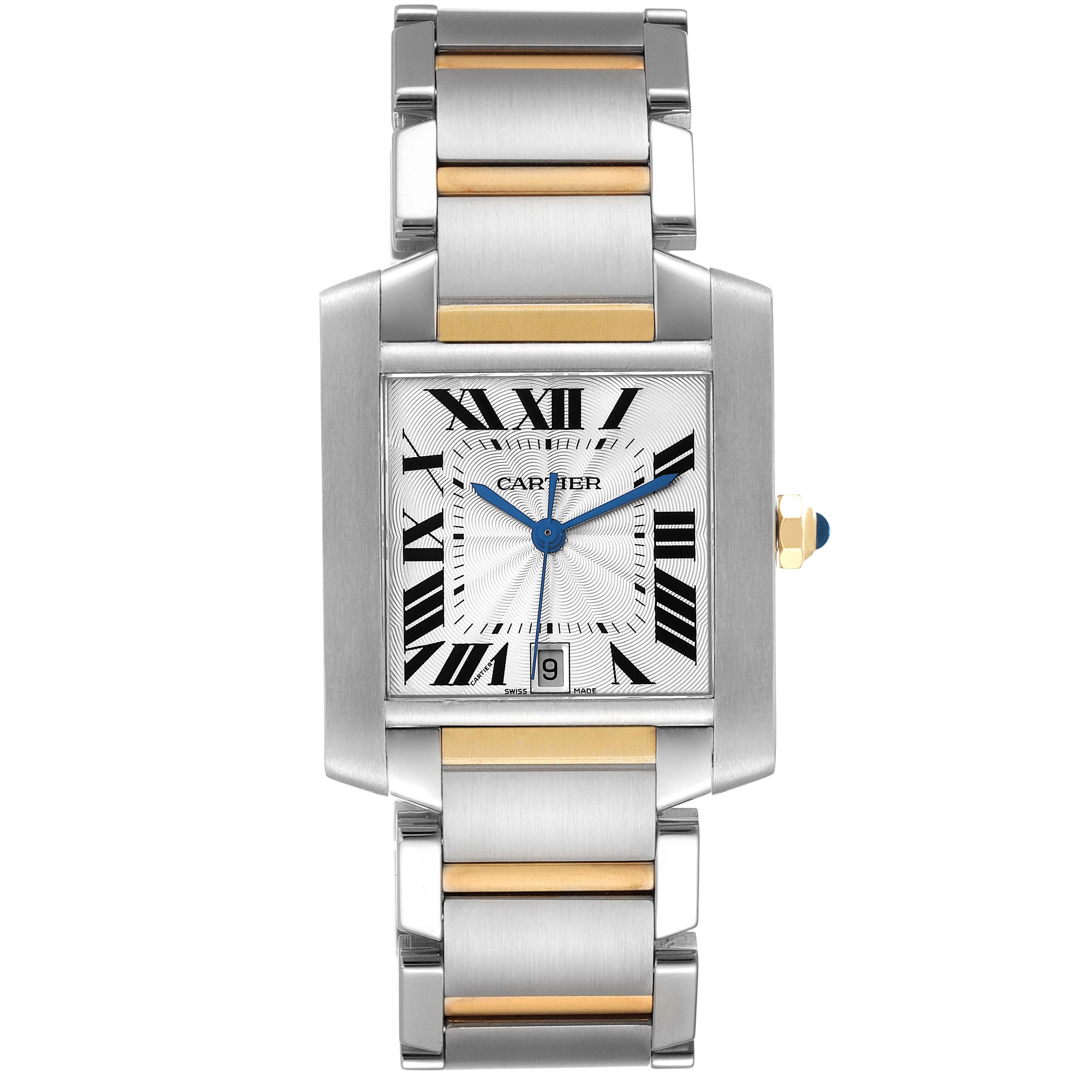 This image shows a frontal view of the Cartier Tank Française watch, displaying its face and two-tone metal bracelet.