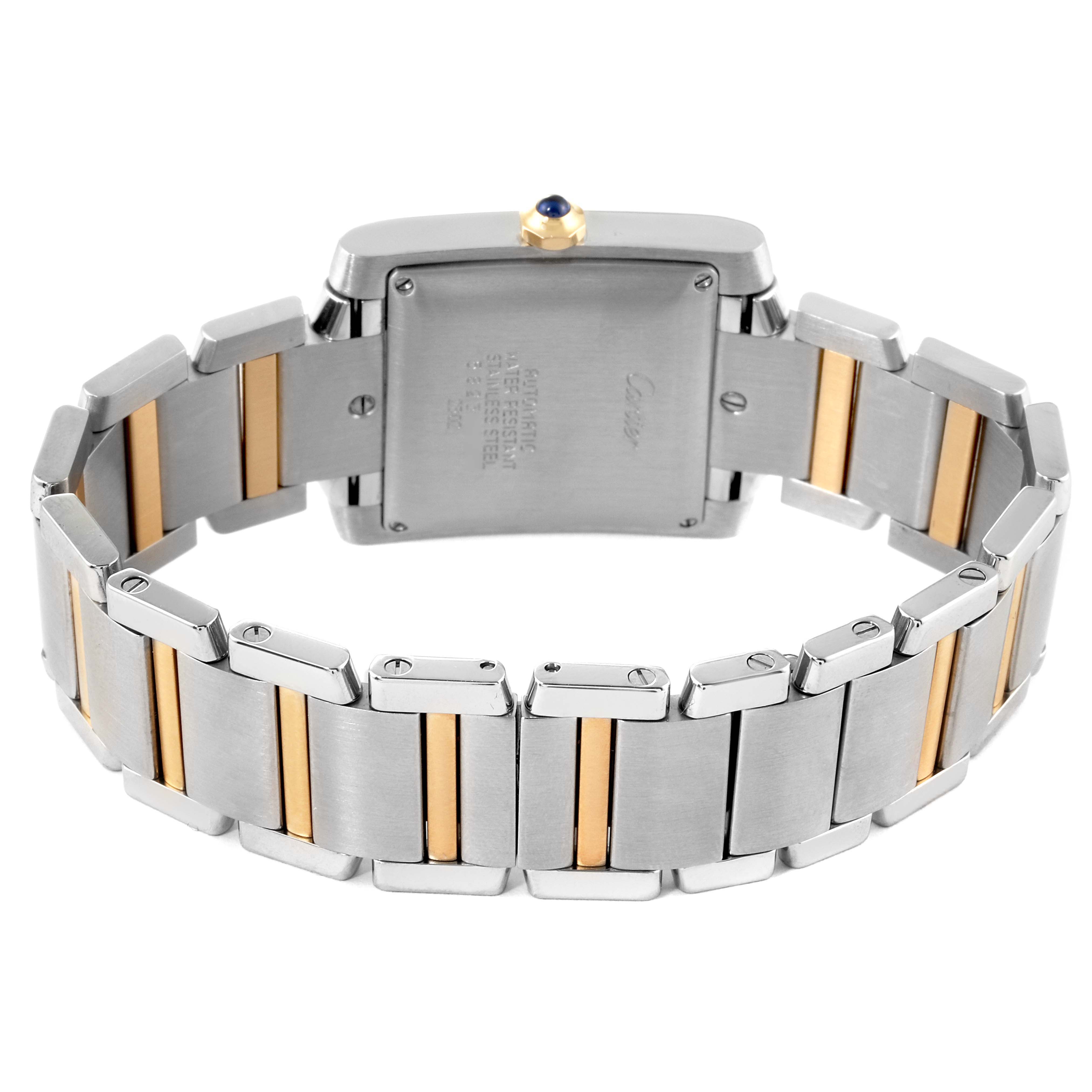 The image shows the back view of the Cartier Tank Francaise W51005Q4 Men's Steel and Gold (two tone) Silver Dial W51005Q4 Men's Steel and Gold (two tone) Silver Dial watch, highlighting the case back and two-tone metal bracelet.