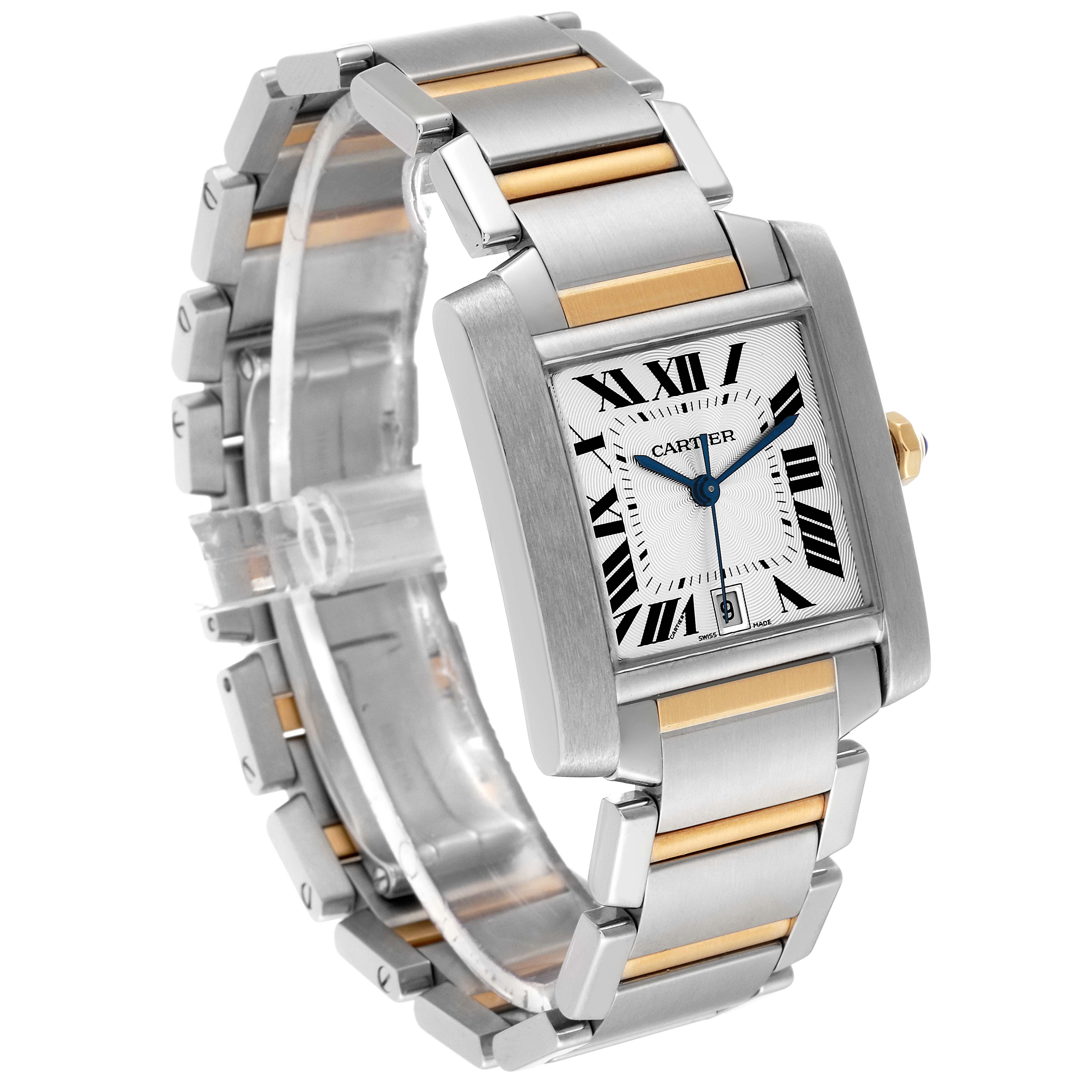 The image shows a Cartier Tank Francaise W51005Q4 Men's Steel and Gold (two tone) Silver Dial W51005Q4 Men's Steel and Gold (two tone) Silver Dial watch at a three-quarter angle, displaying the face, crown, and bracelet.