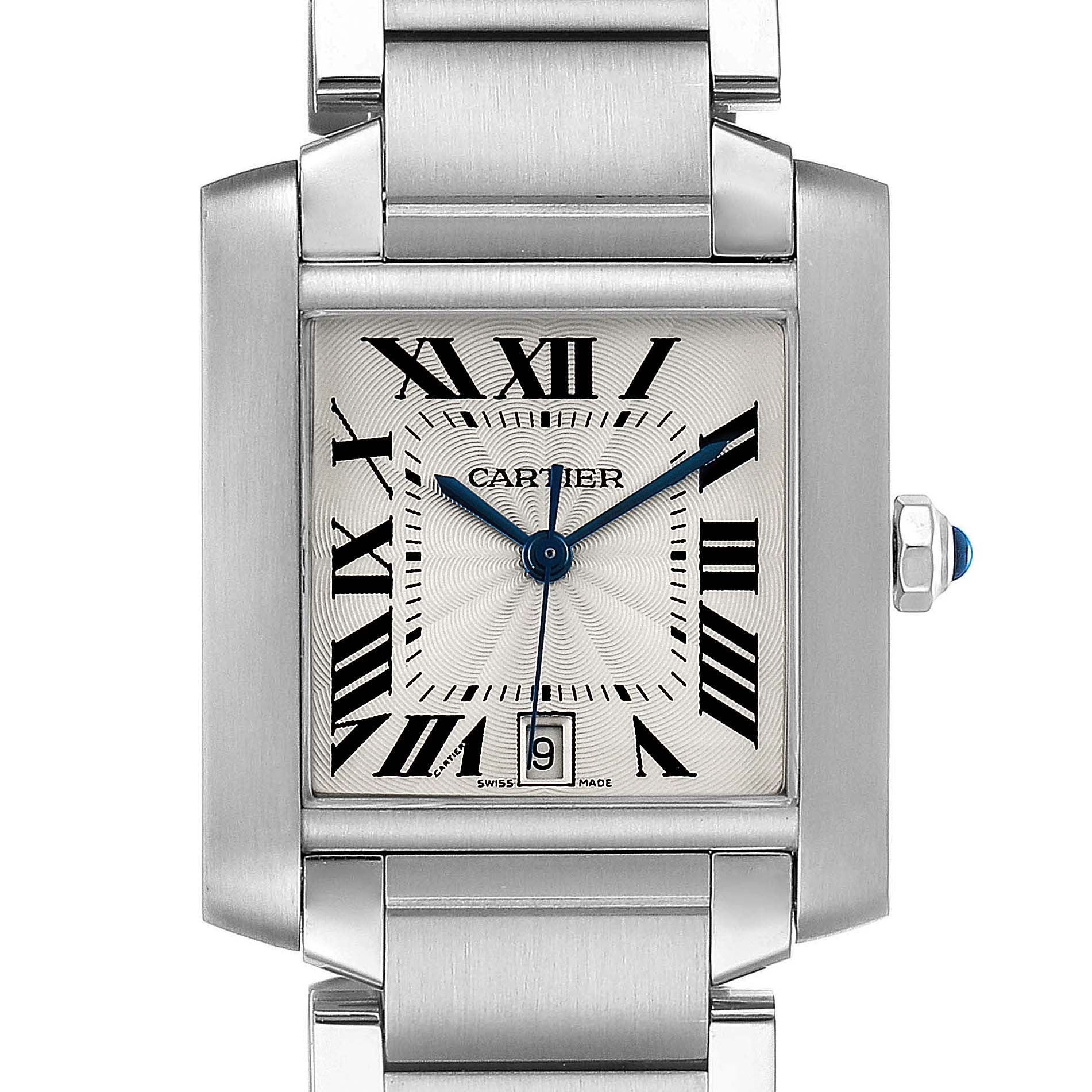 This image shows the front view of the Cartier Tank Française watch, highlighting the face, rectangular case, and part of the metal bracelet.