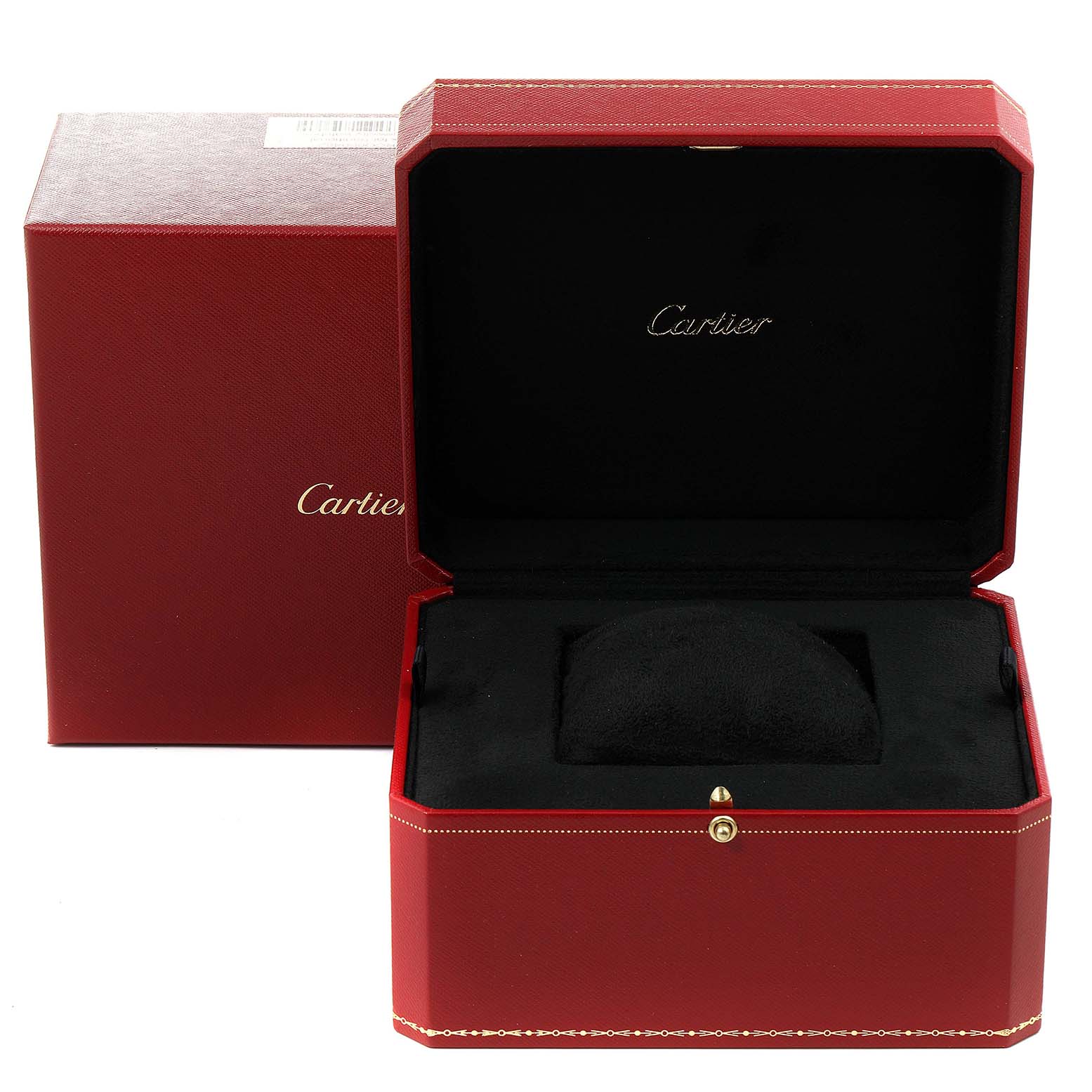 The image shows an empty Cartier watch box and outer box for a Tank Francaise model, with a cushion for the watch inside.