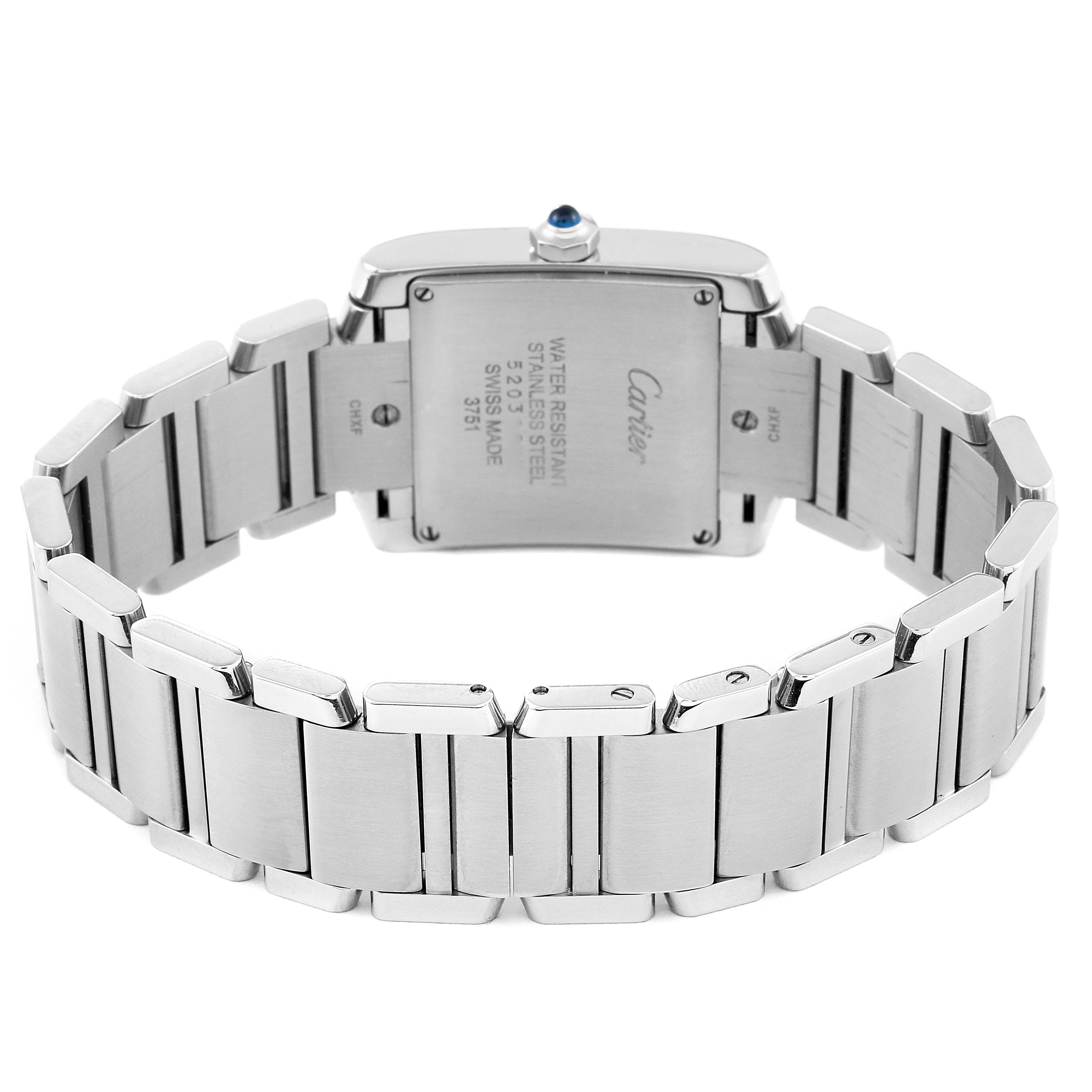 This image shows the back and band of a Cartier Tank Française watch from a rear angle.