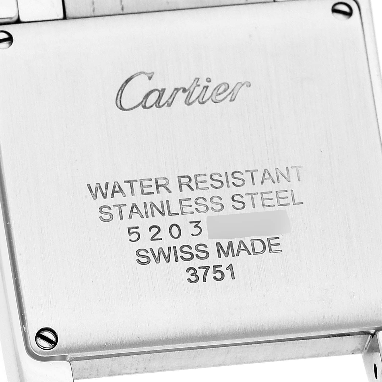 The image shows the back case of a Cartier Tank Francaise W4TA0009 Women's Stainless Steel Silver Dial W4TA0009 Women's Stainless Steel Silver Dial watch, displaying the brand, model number, and specifications.