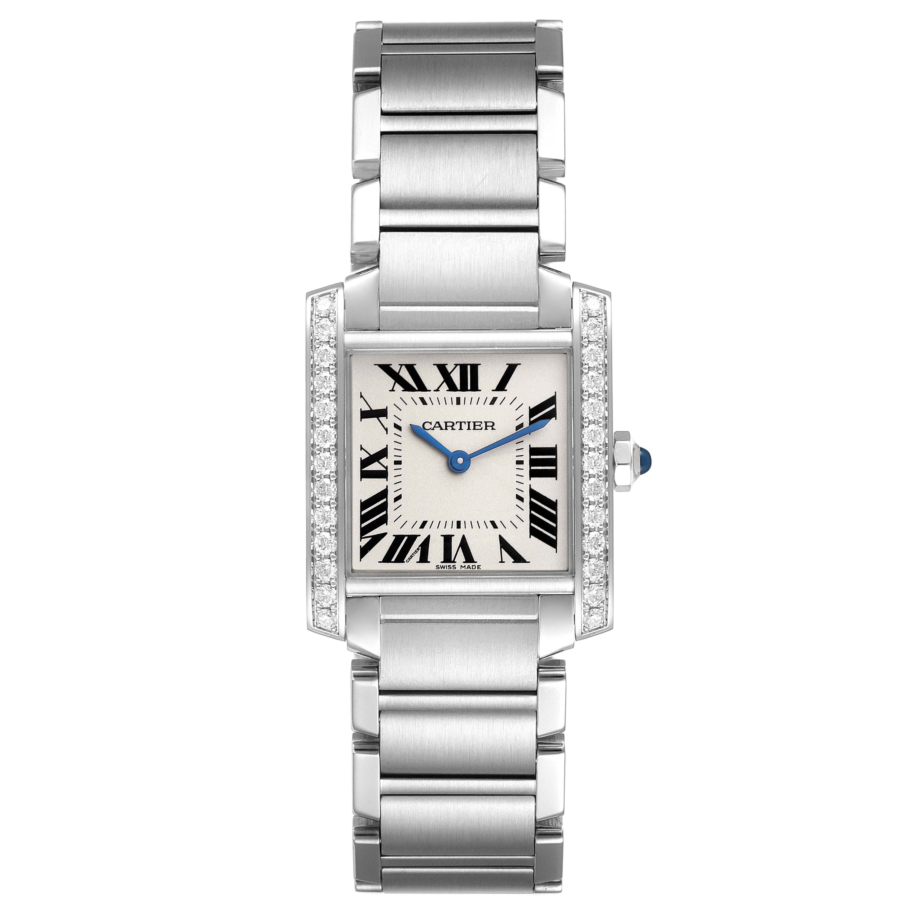The image shows a Cartier Tank Francaise W4TA0009 Women's Stainless Steel Silver Dial W4TA0009 Women's Stainless Steel Silver Dial watch from a front angle, highlighting its face, Roman numerals, and metal bracelet.