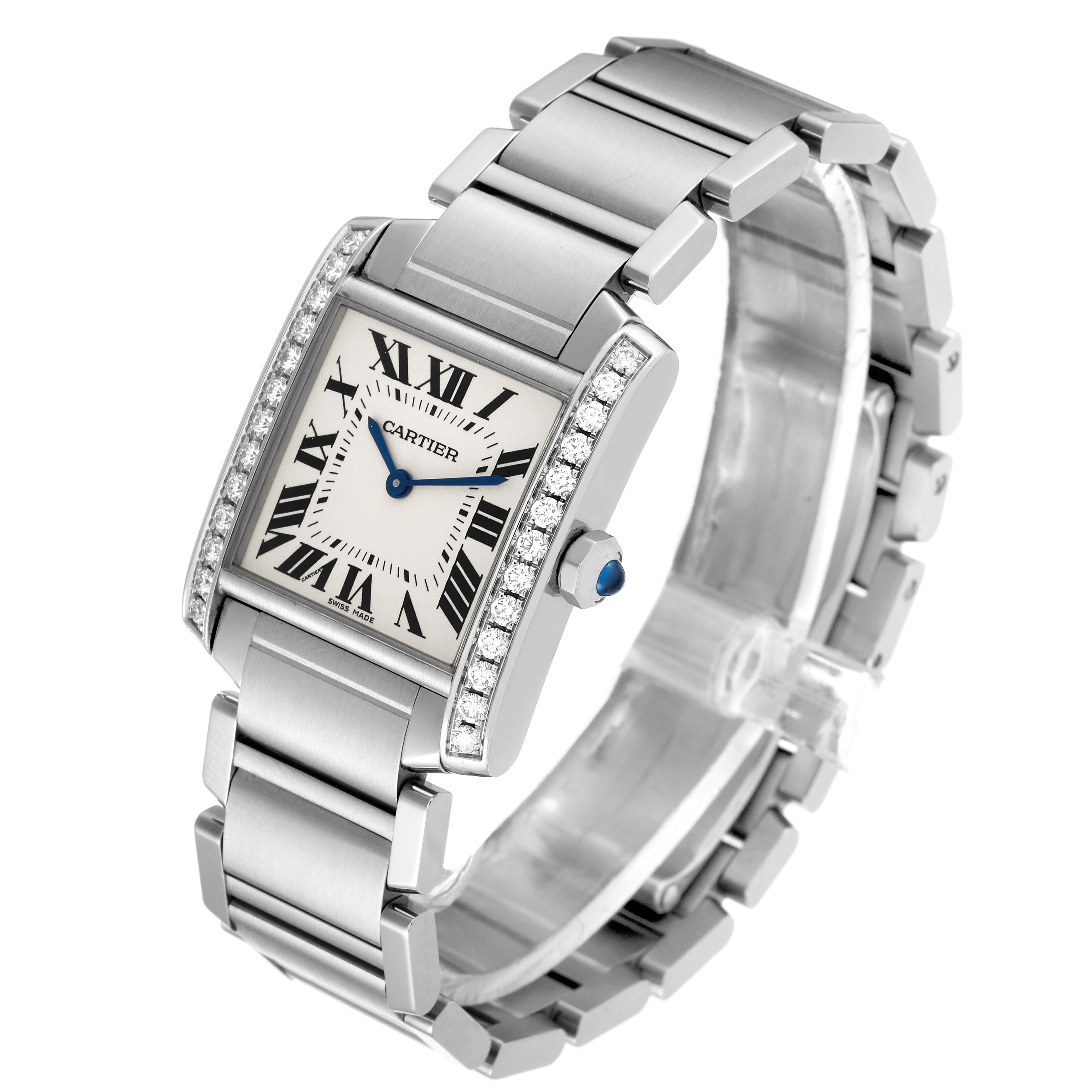 This Cartier Tank Francaise W4TA0009 Women's Stainless Steel Silver Dial W4TA0009 Women's Stainless Steel Silver Dial model is shown at a slight angle, displaying its face, bezel, and stainless steel bracelet.