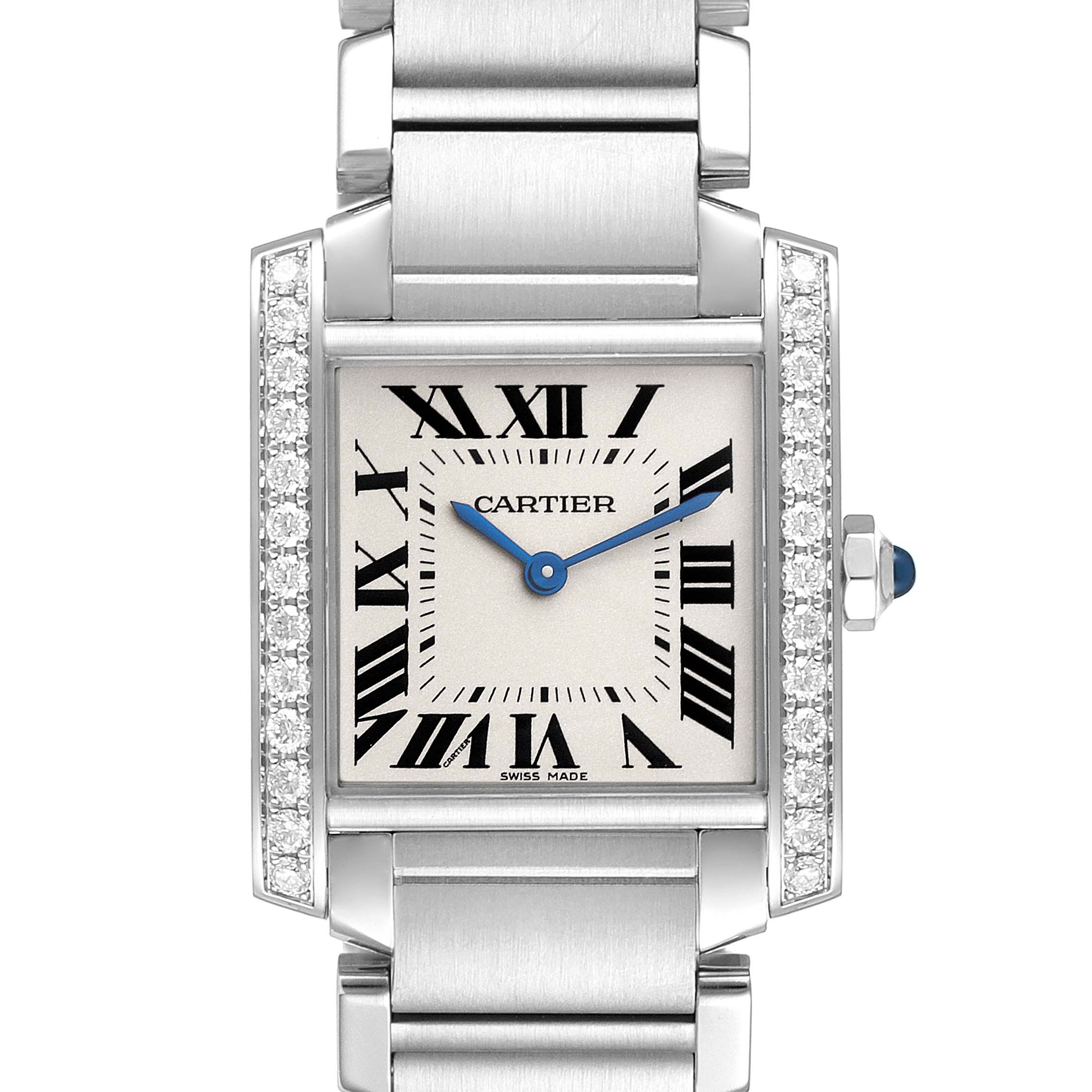 This is a front view of the Cartier Tank Française watch, showcasing its dial, Roman numerals, and diamond-accented case.