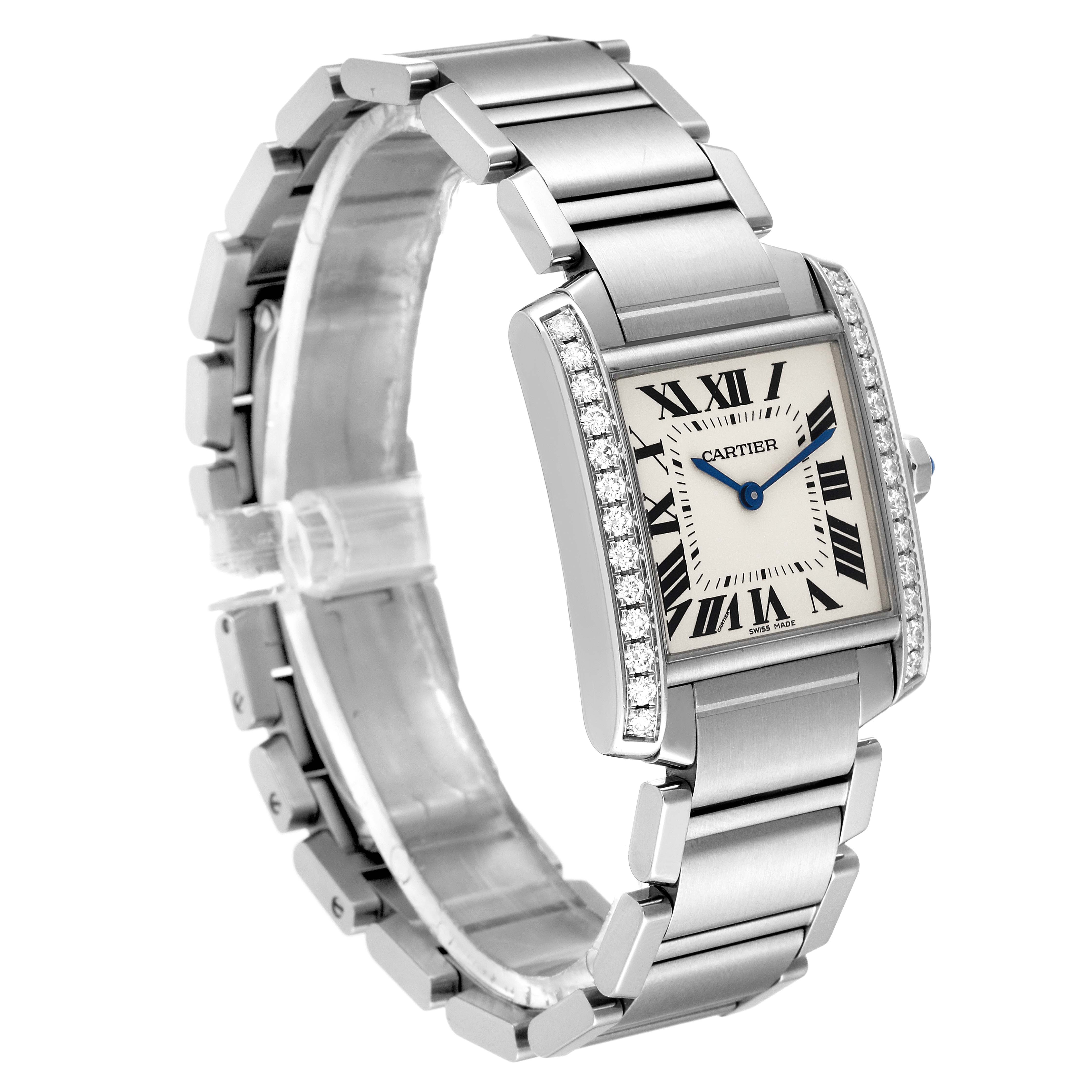 The image shows a Cartier Tank Francaise W4TA0009 Women's Stainless Steel Silver Dial W4TA0009 Women's Stainless Steel Silver Dial watch from an angled perspective, highlighting the dial, bracelet, and diamond-studded bezel.