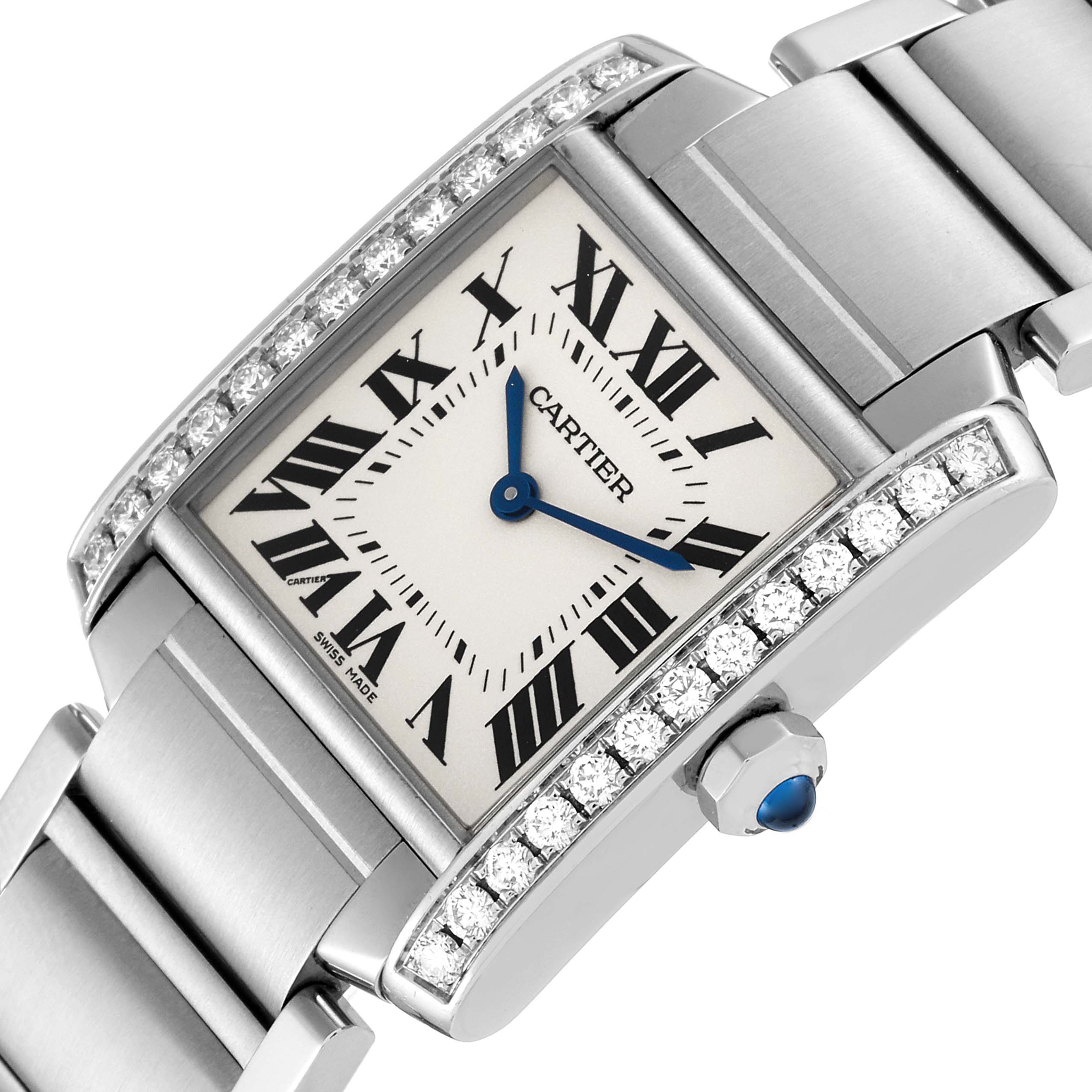The image shows a close-up of the Cartier Tank Francaise W4TA0009 Women's Stainless Steel Silver Dial W4TA0009 Women's Stainless Steel Silver Dial watch face, side bezel with diamonds, and part of the metal bracelet.