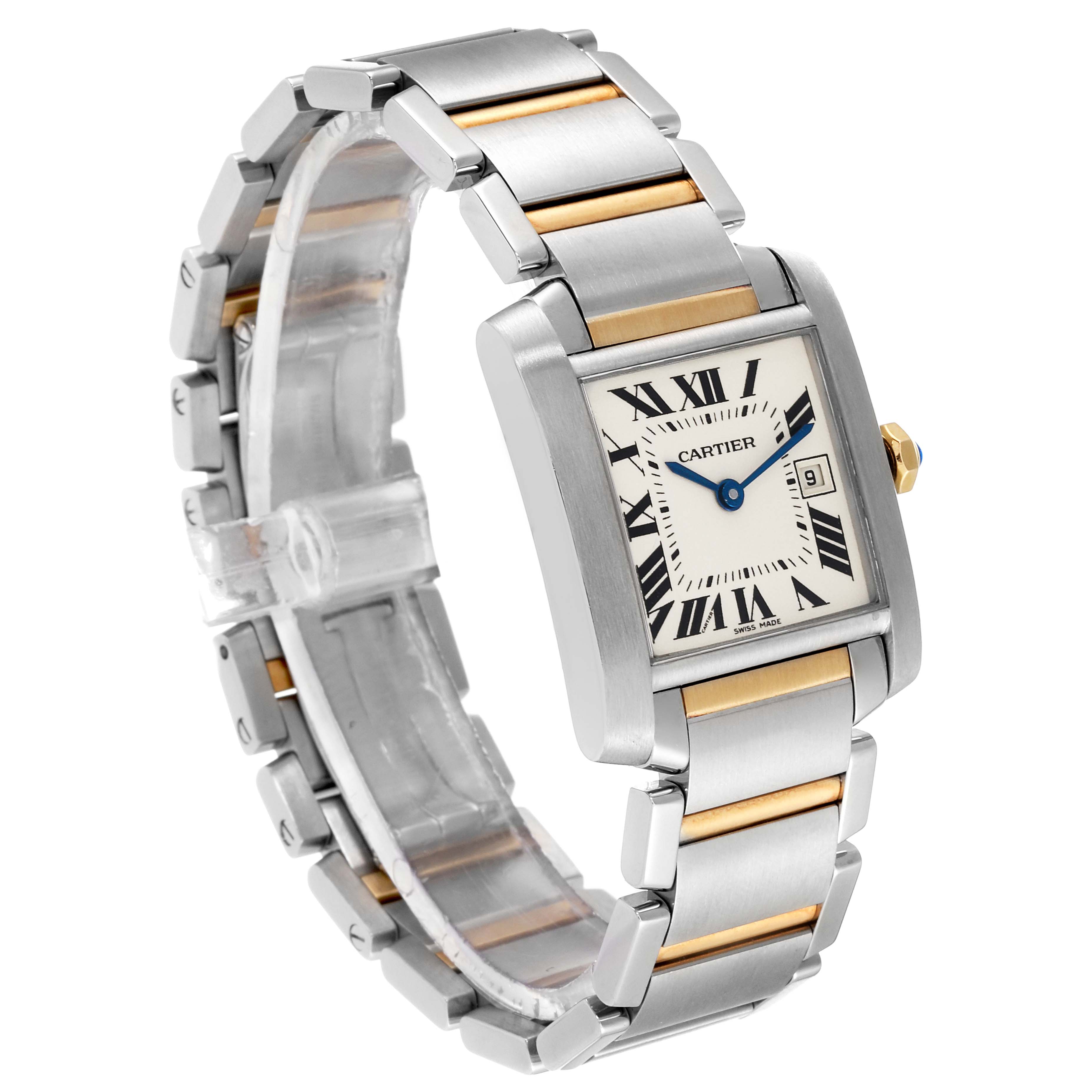 The Cartier Tank Francaise W51012Q4 Women's Steel and Gold (two tone) Silver Dial W51012Q4 Women's Steel and Gold (two tone) Silver Dial watch is shown at a slight angle, highlighting the face, bracelet, and unique crown.