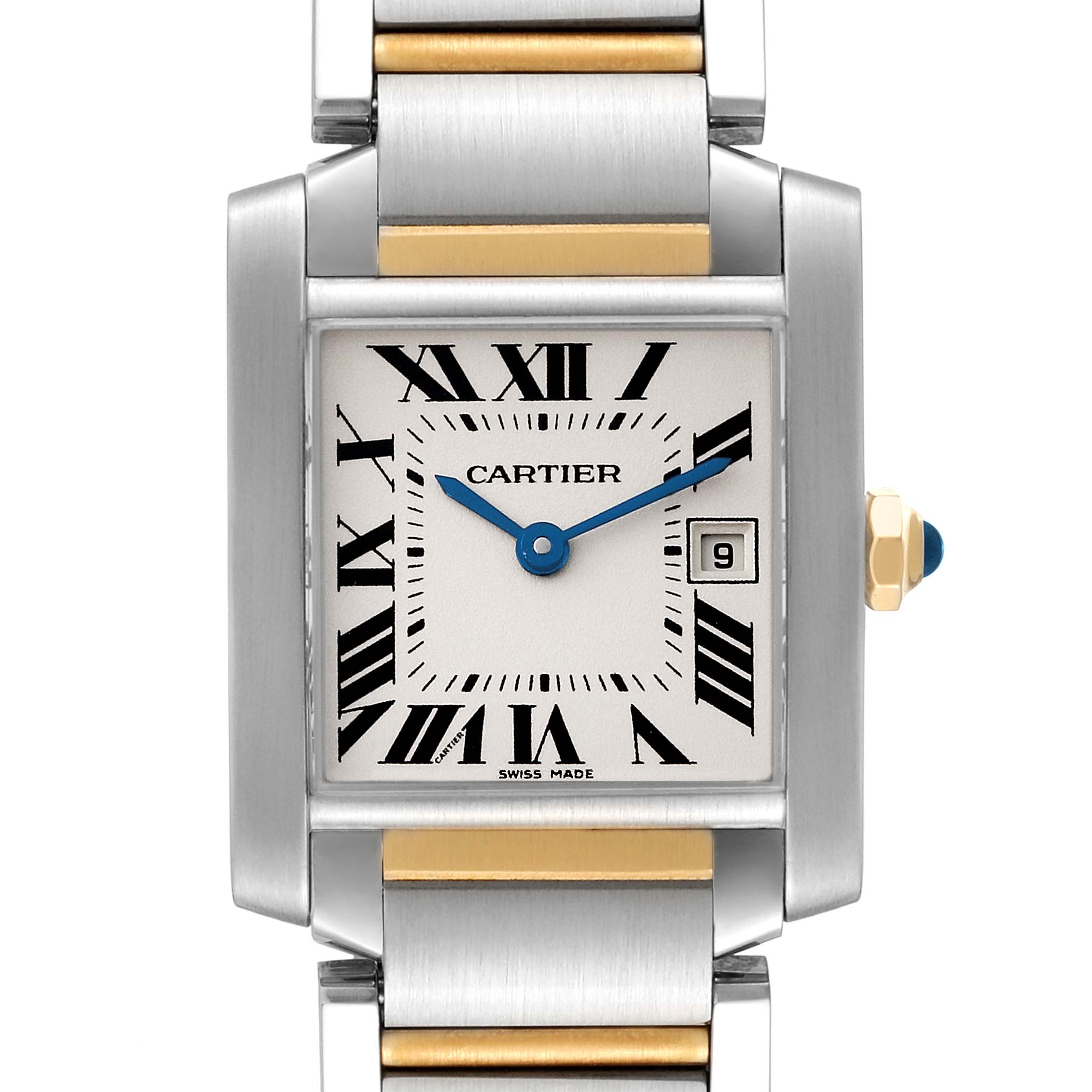 The image shows a close-up front view of a Cartier Tank Francaise W51012Q4 Women's Steel and Gold (two tone) Silver Dial W51012Q4 Women's Steel and Gold (two tone) Silver Dial watch, highlighting its dial, crown, and part of the bracelet.