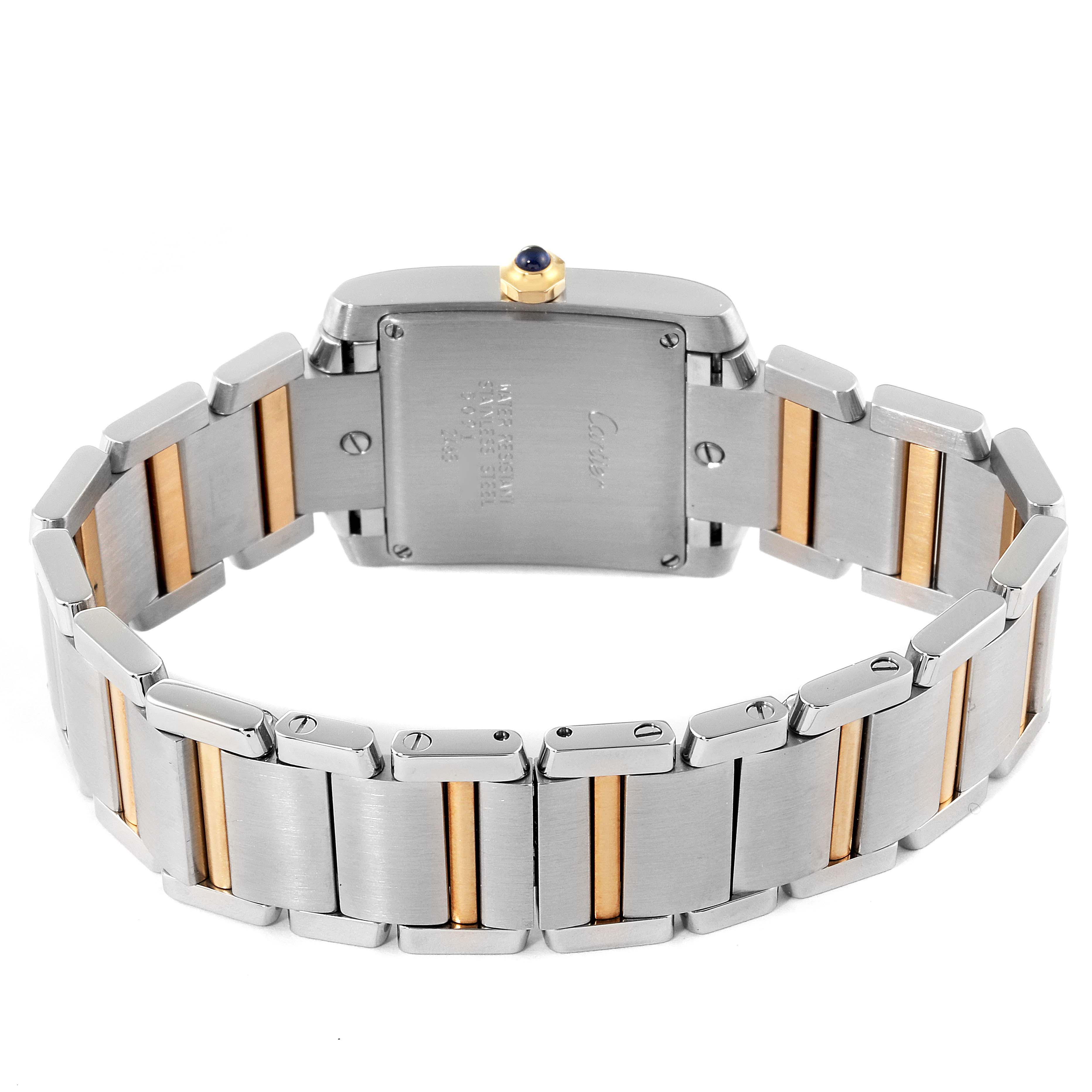 The image shows the back and band of a Cartier Tank Française watch in a two-tone design.