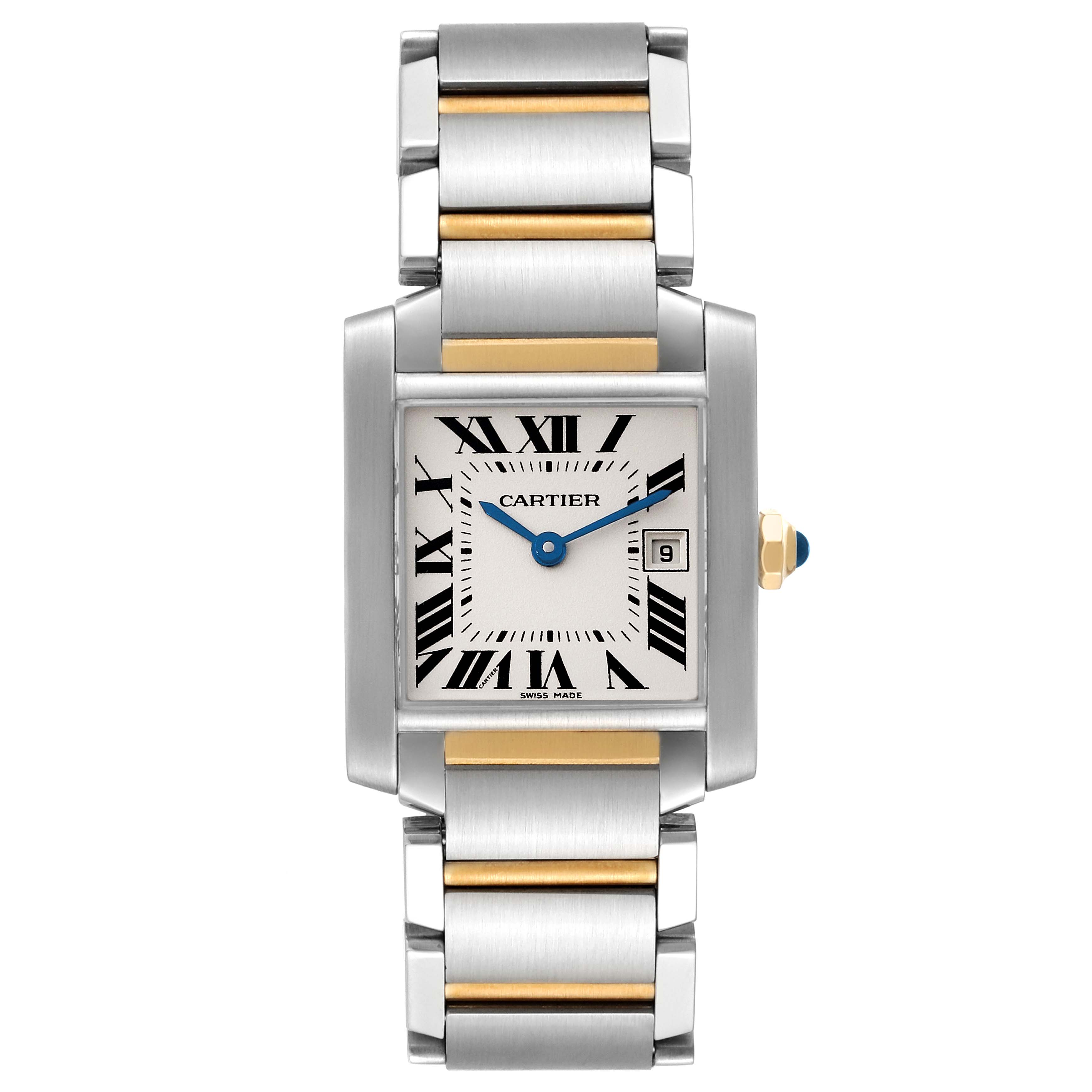 The image shows a Tank Francaise watch by Cartier from a top-down angle, displaying the face, bezel, crown, and bracelet.